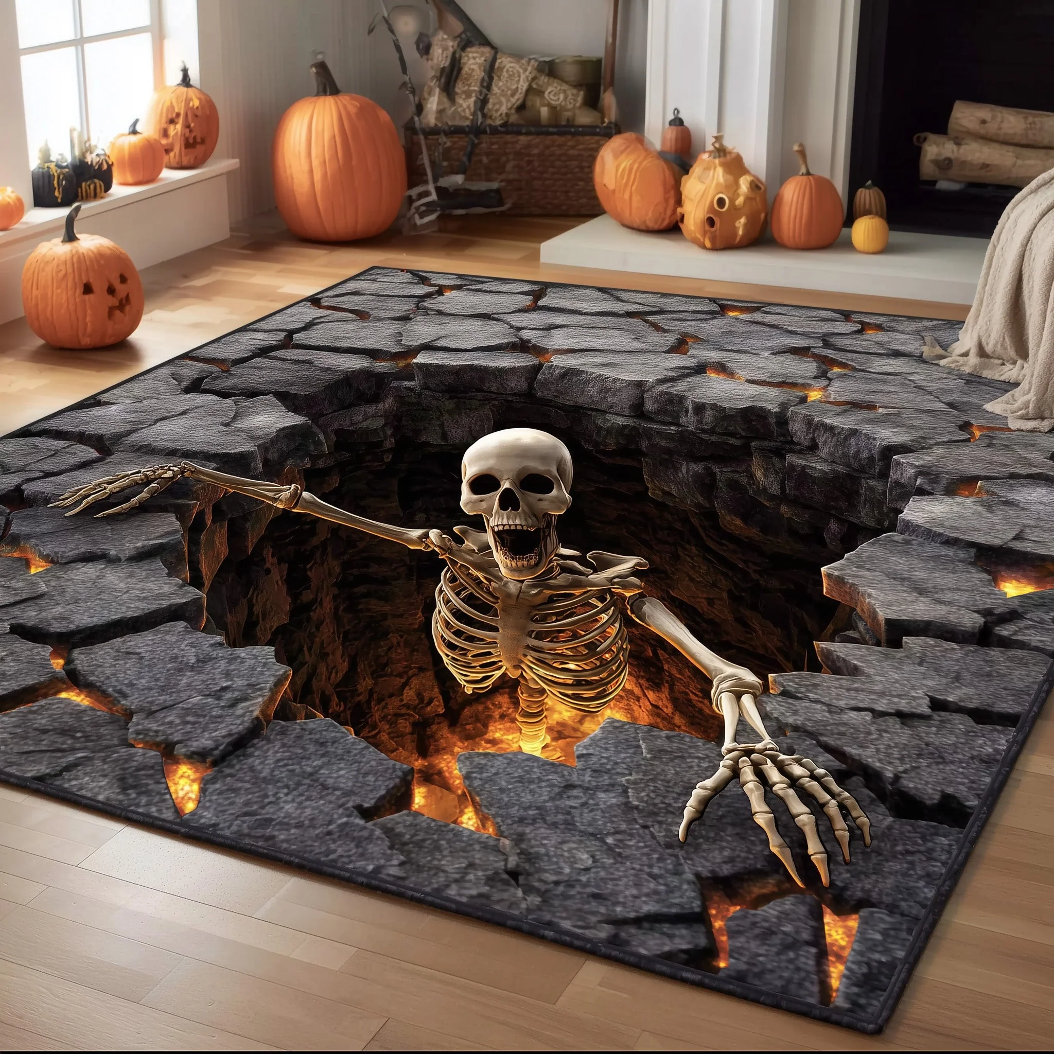 Horror Skeleton 3D Effect Area Rug, Rugs For Living Room, Haunted House Decorations