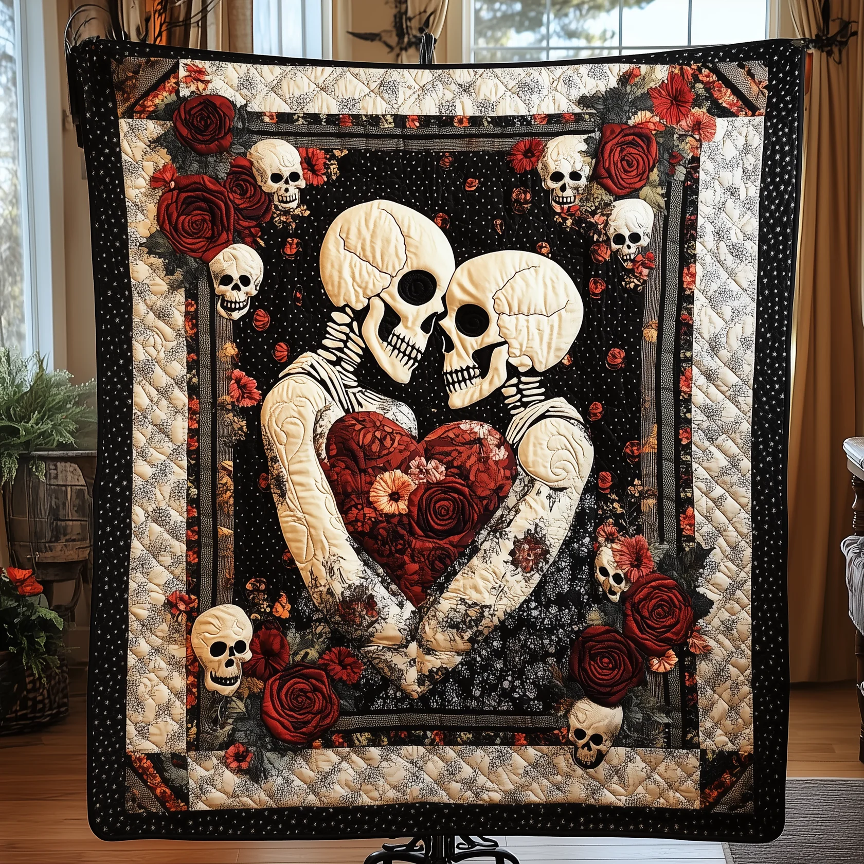 Skull And Roses Quilt Blanket, Valentines Couple Gift, Valentine Blanket, Valentine Gift Ideas For Her
