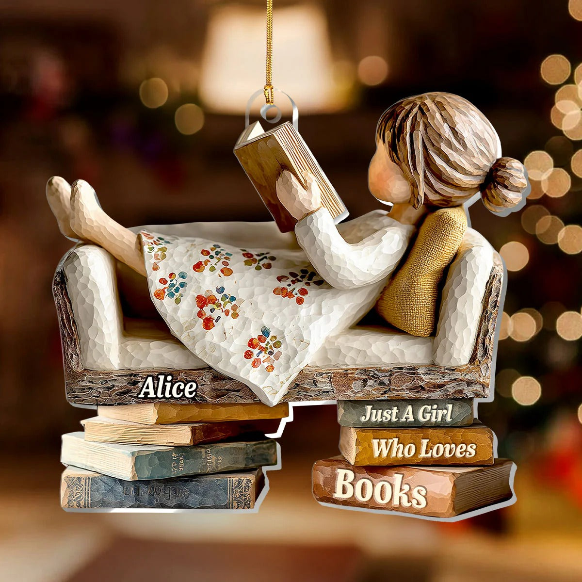 Just A Girl Who Loves Books Lying On Sofa Acrylic Ornament, Book Lover Ornament, Christmas Book Ornament