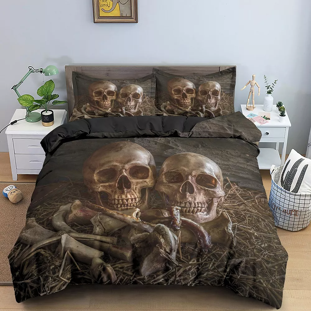 Skull Couple Quilt Bed Set, Skull Bedding Set, Couple Bedding Set, Couple Valentine Gift
