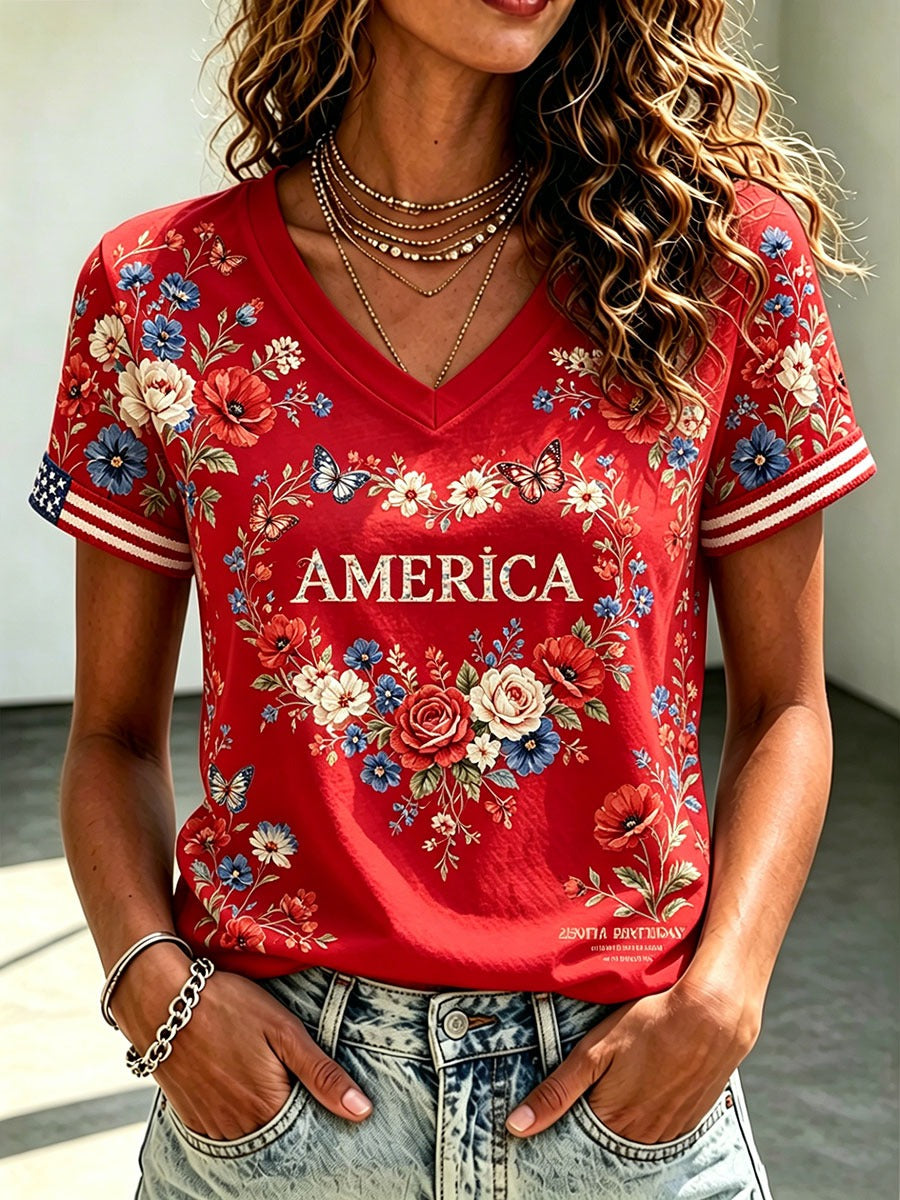 USA 250 Years Of Freedom Flowers V-neck Shirt, 4th Of July Shirt, Patriotic Women Tee