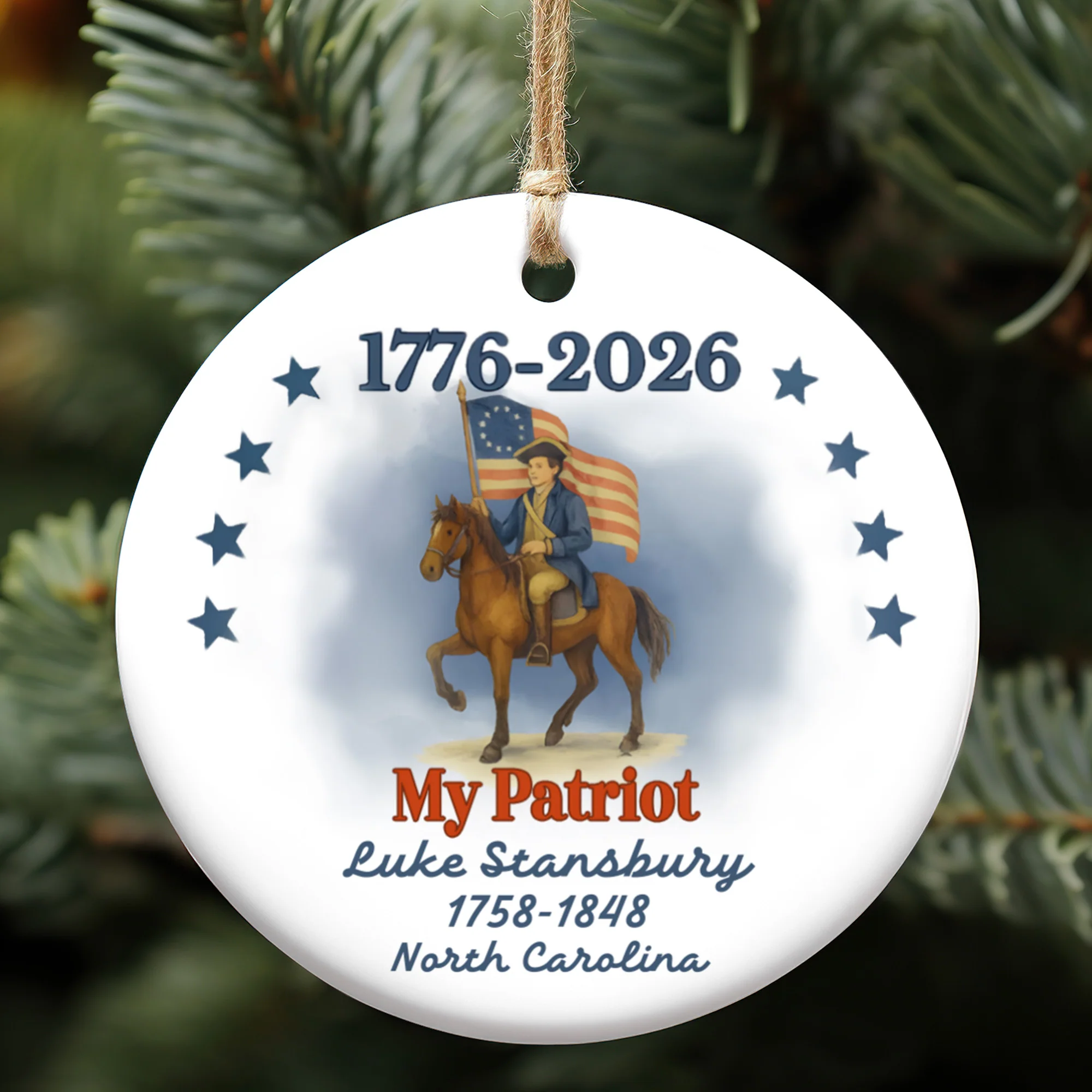 Patriot Descendant Custom Name 250 Years USA Ceramic Ornament, America 250th Anniversary Xmas Decor