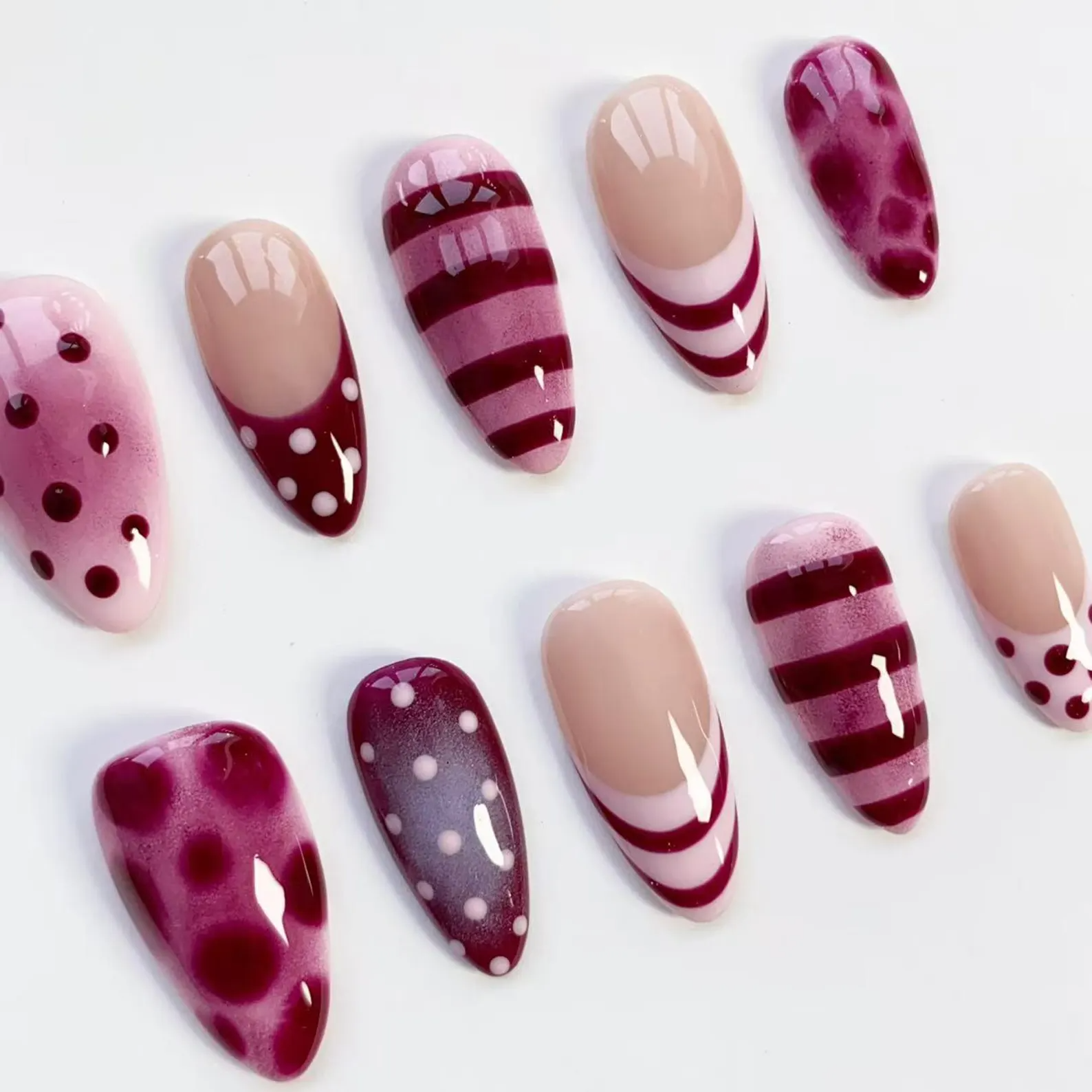 Mulberry Cute Polka Dot Purple Pink Press On Nails, Striped French Nail, Resuable Nails