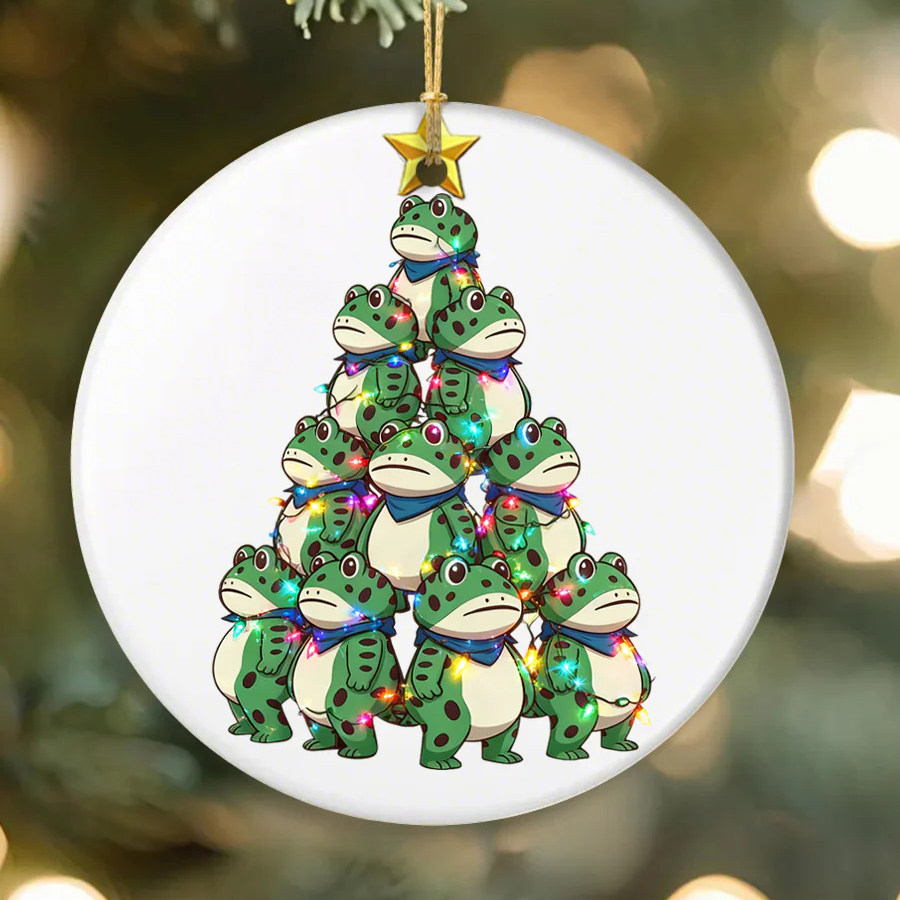 Merry Resistmas Portland Frog Pine Tree Shape Ceramic Ornament, Decorative Ornament, Holiday Gifts
