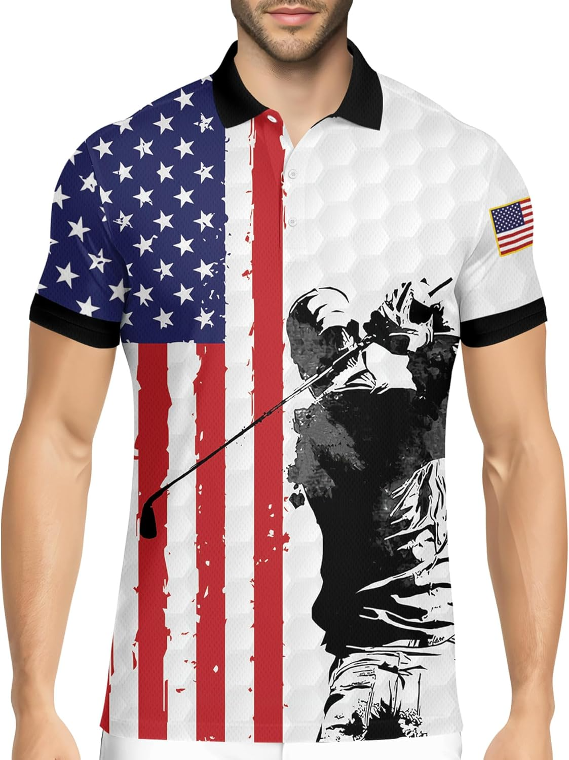 Swing Swear Drink Repeat Patriotic American Flag Golf Polo Shirts, Golf Gift For Men, Golf Shirts For Men