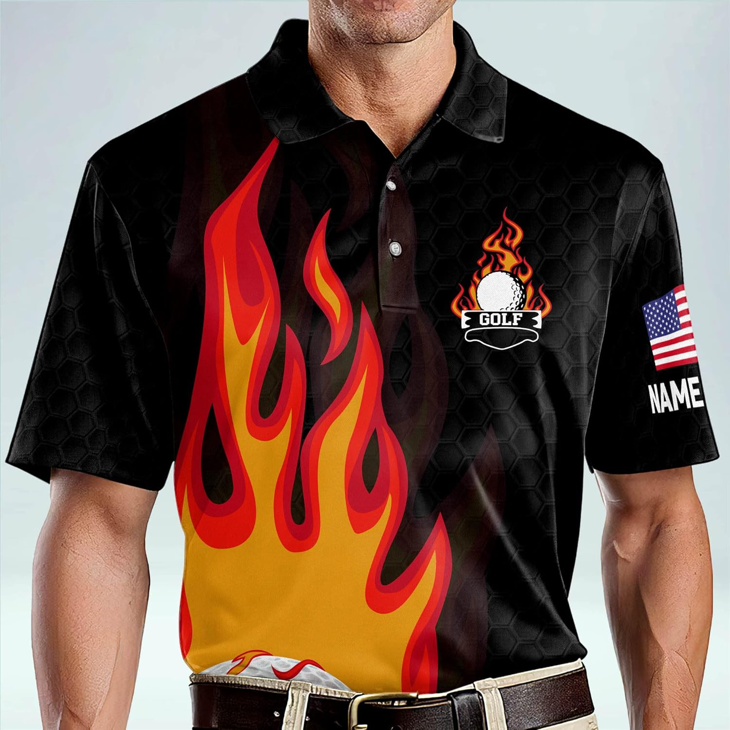 Swing Swear Look For Ball Repeat American Flag Custom Name Golf Polo Shirts, Golf Gift For Men, Golfing Apparel