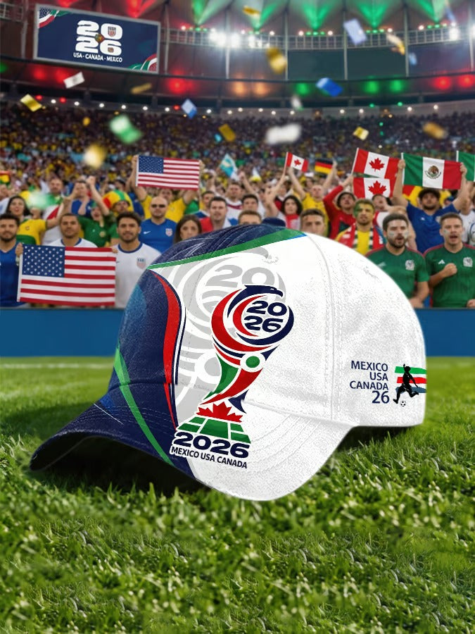 Mexico USA Canada Football Trophy Retro Print Baseball Cap, Soccer Fans Caps Unisex Adjustable Cap