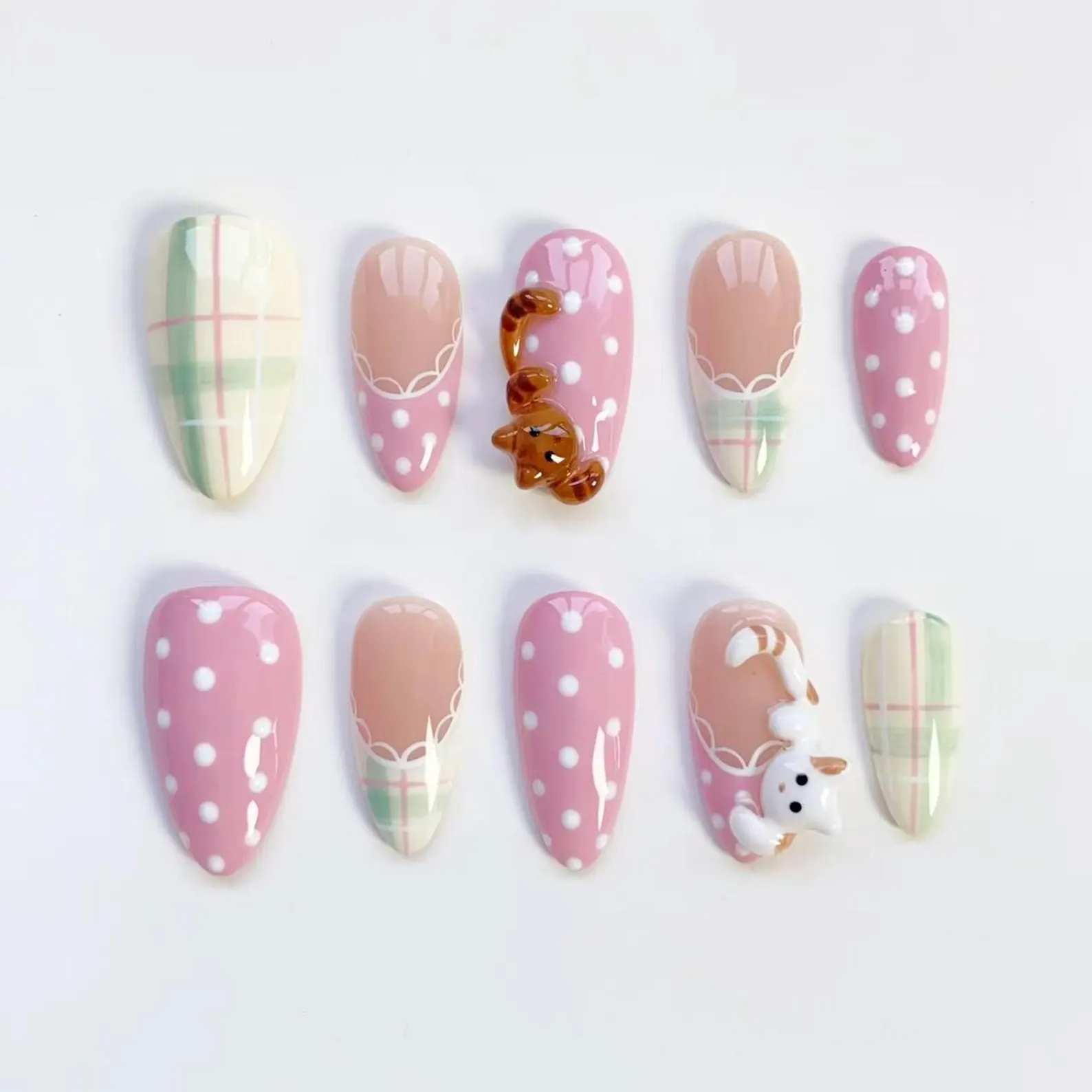 3D Kawaii Cute Cat Press On Nails, Pink Polka Dot Press On Nails, Cute Nail Sets