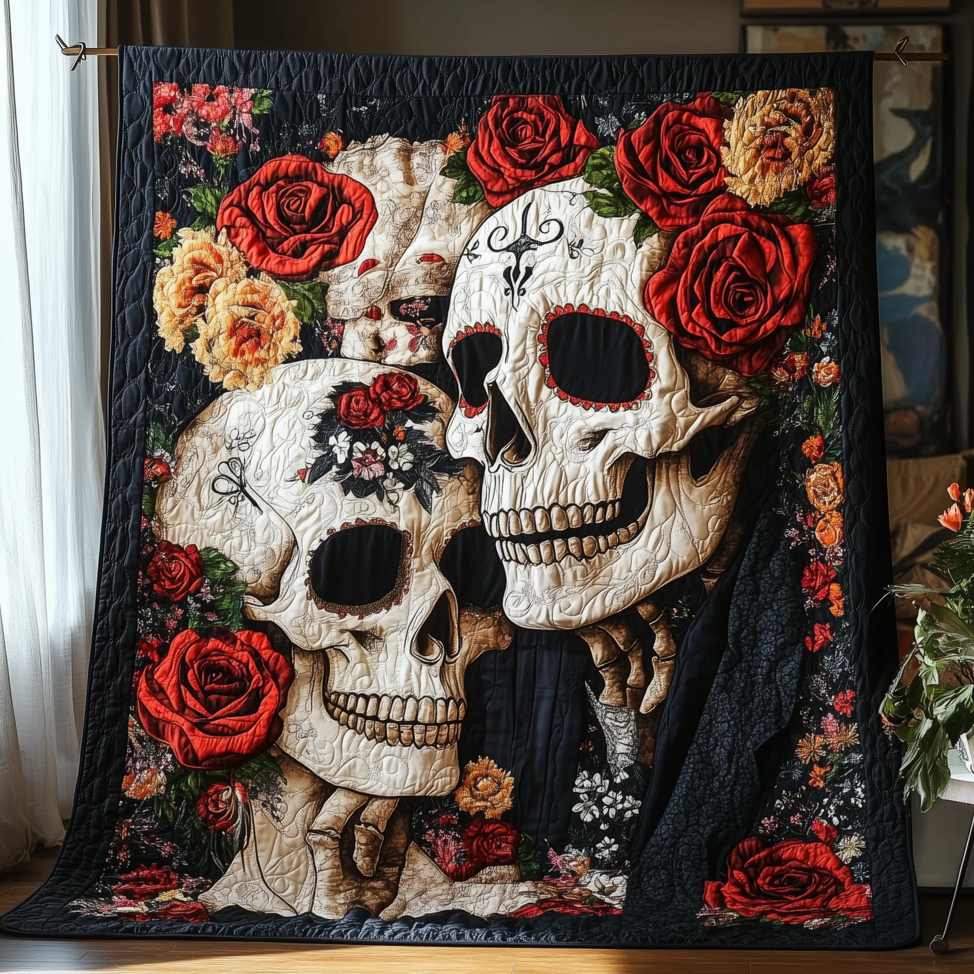 Romantic Gothic Couple Skull And Roses Quilt Blanket, Valentine Blanket, Valentines Couple Gift