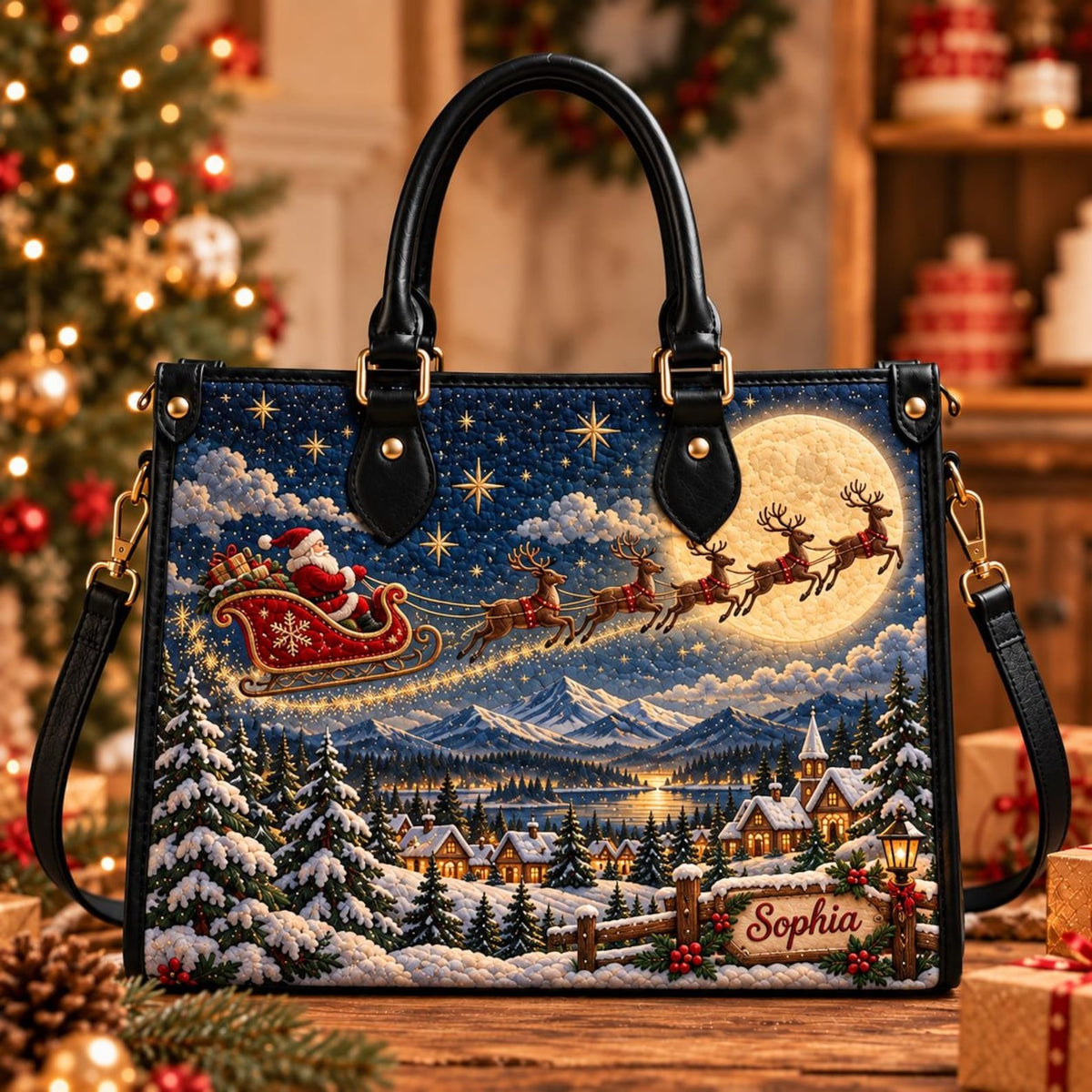 Custom Santa Sleigh Leather Handbag, Christmas Gift, Holiday Gift For Her