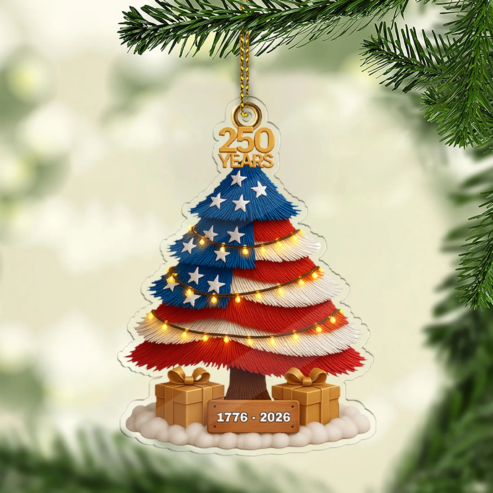 US 250 Years 1776–2026 Acrylic Ornament, 250th Anniversary Ornament, Patriotic Christmas Ornament