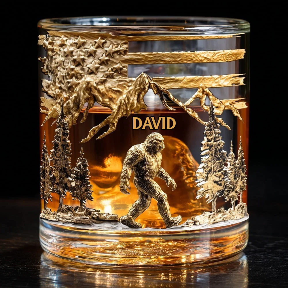 Bigfoot American Flag Patriotic Glass, Custom Whiskey Glass, Personalized Whiskey Glasses