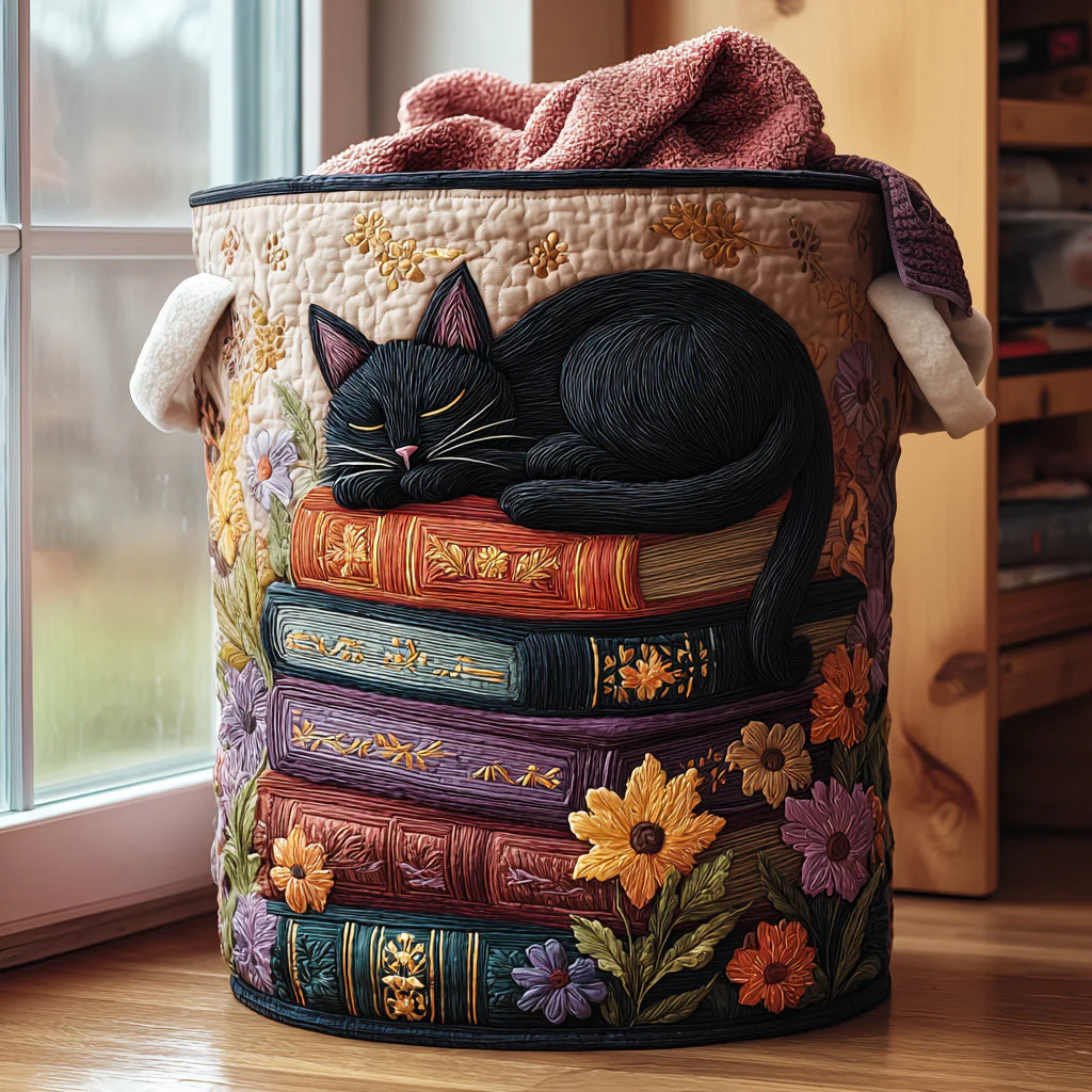 Black Cat Sleeping Books Laundry Basket, Laundry Gifts, Gift For Cat Lovers, Housewarming Gift Ideas