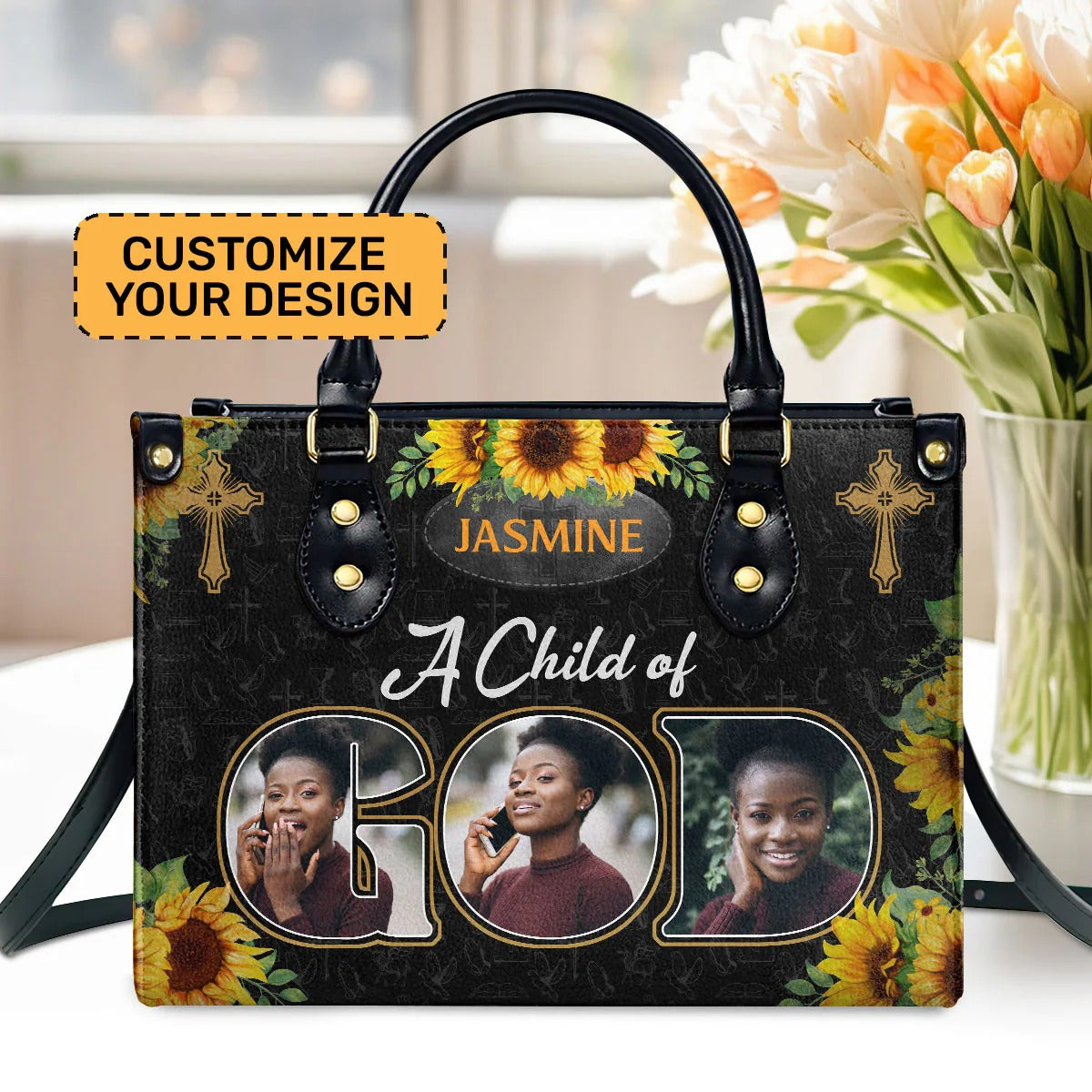 A Child Of God Sunflower Pattern Custom Leather Bags, Religious Theme Purse And Wallet Set
