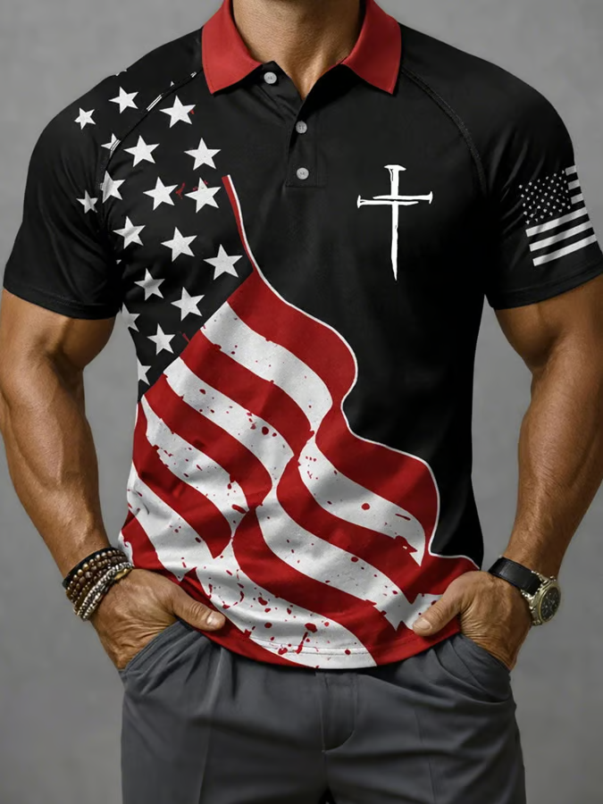 Faith Cross America 250th Anniversary Men's Printed Polo, 4th Of July Shirt, Men's Patriotic Shirt