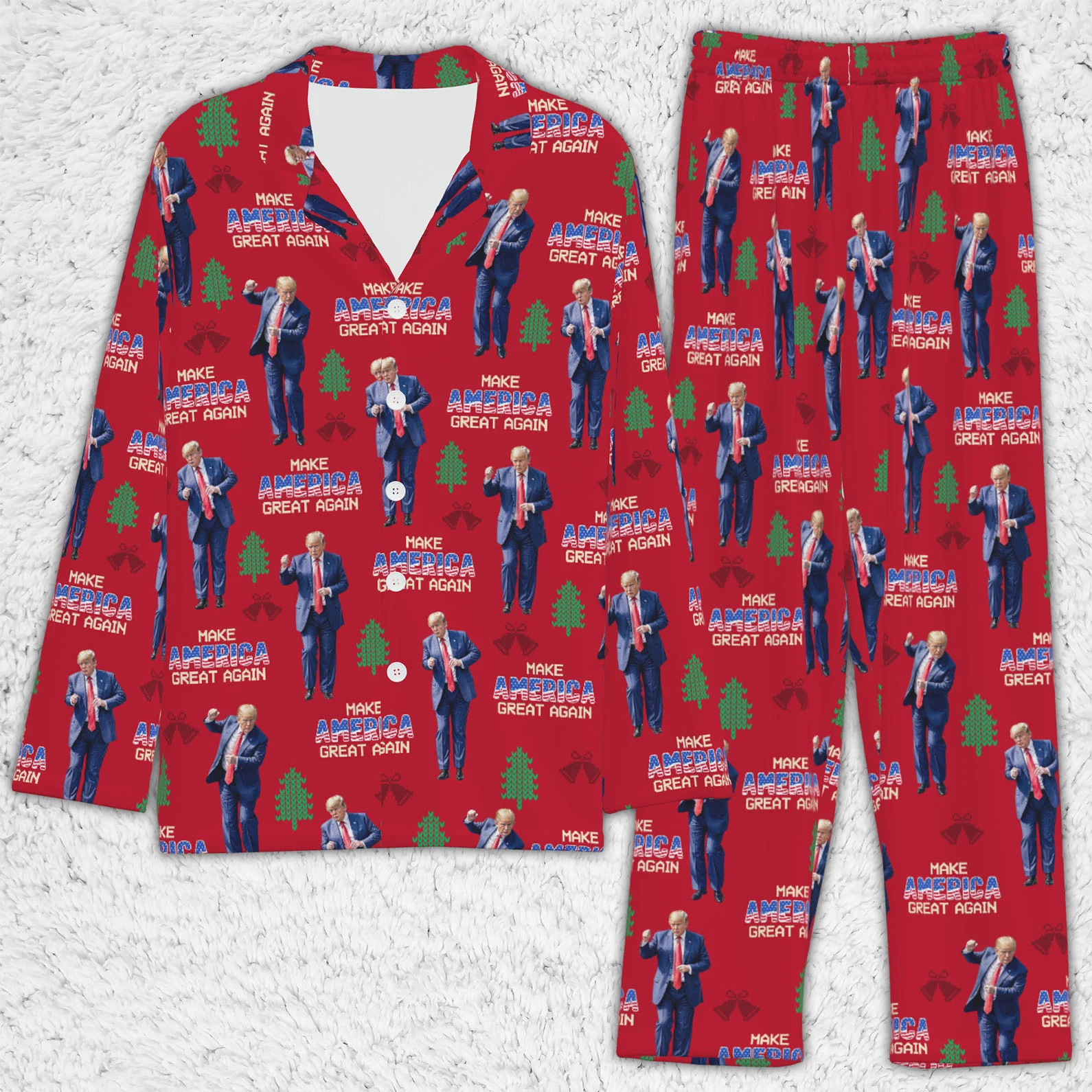 Funny Trump Dancing Red Christmas Pajamas, Long Sleeve Pajama Set, Xmas Vibe Red Pajama