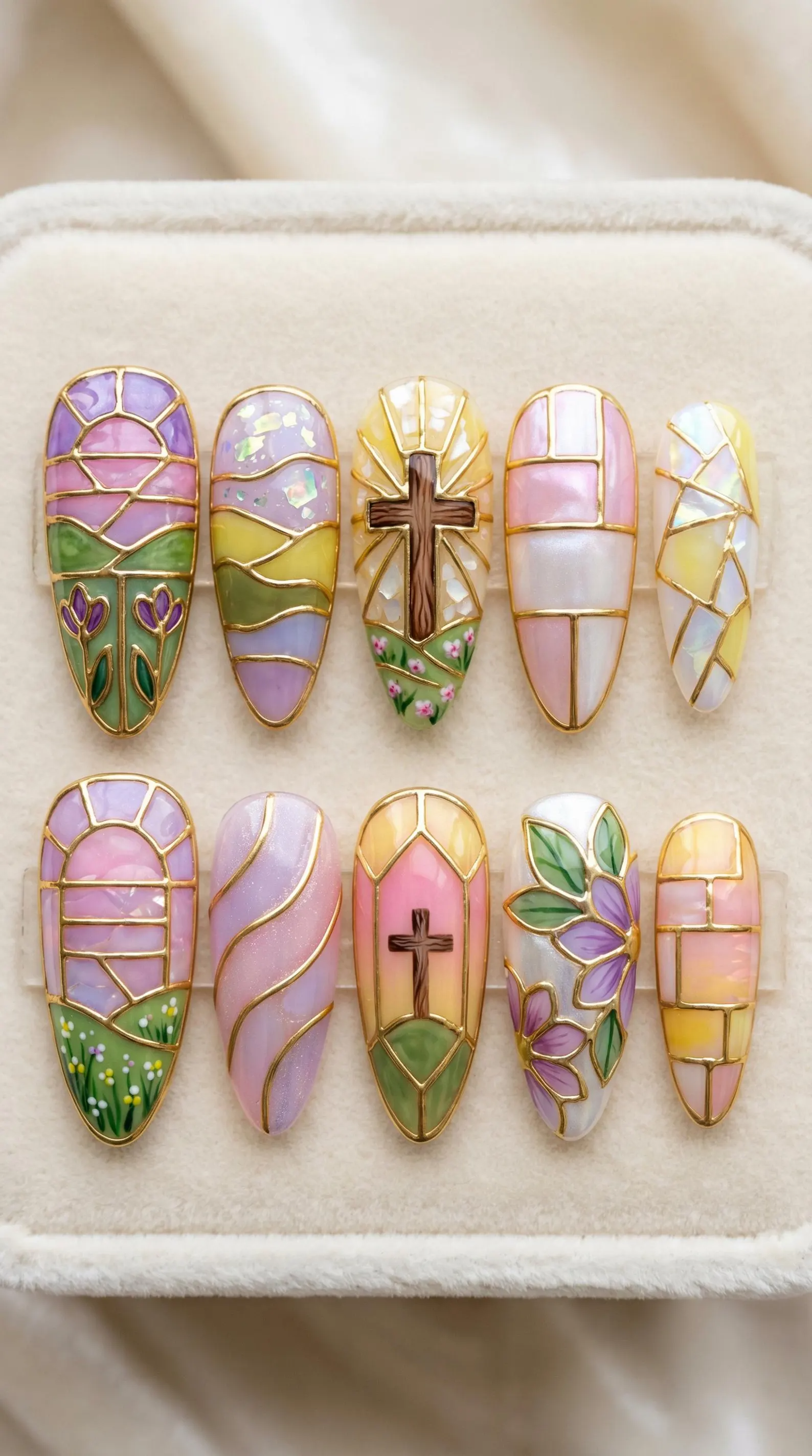 Stained Glass Cross Press On Nails, Christian Religious Gold Chrome Nail, Reusable