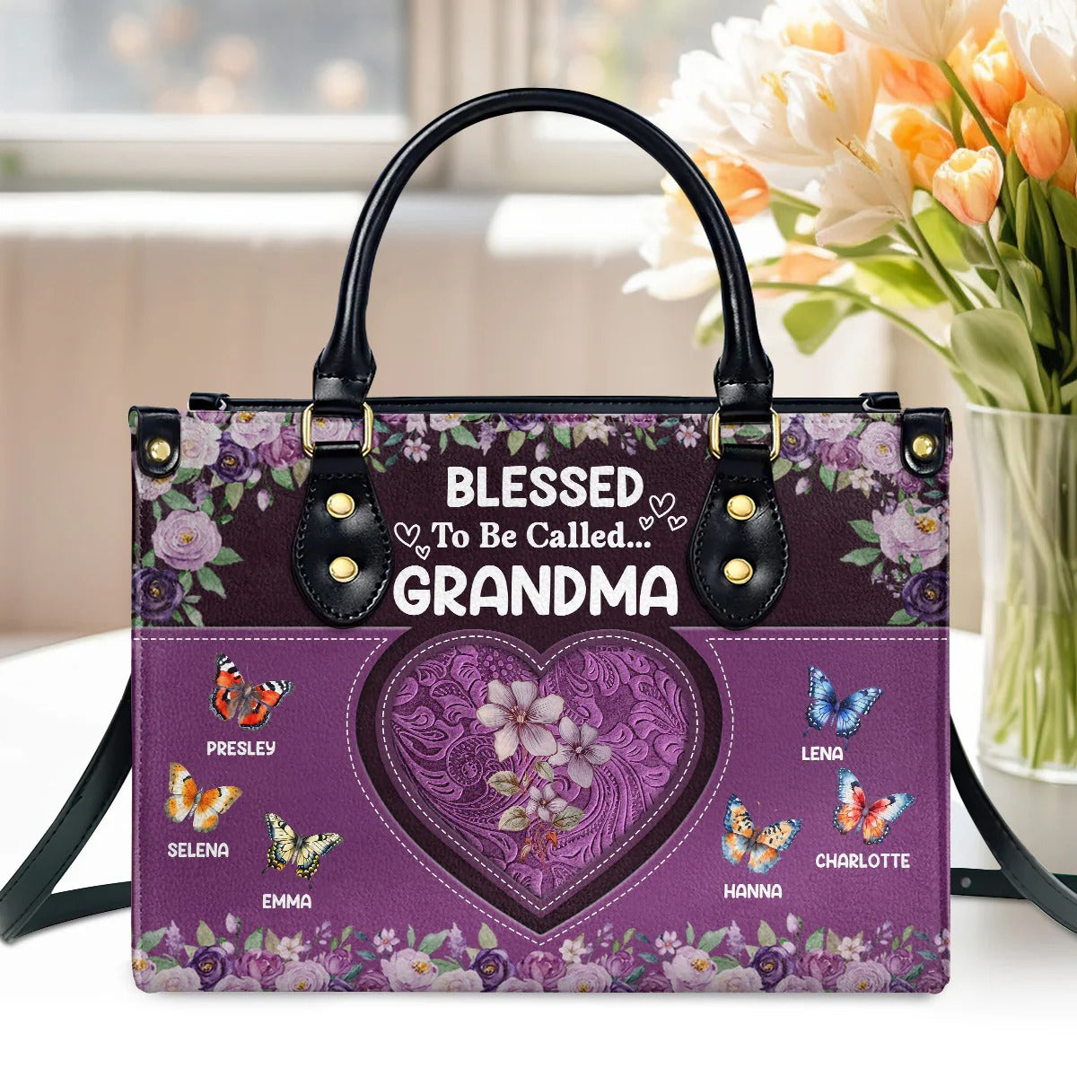 Blessed To Be Called Grandma Butterfly Custom Flowers Bag With Matching Wallets, Custom Mother's Day Gifts