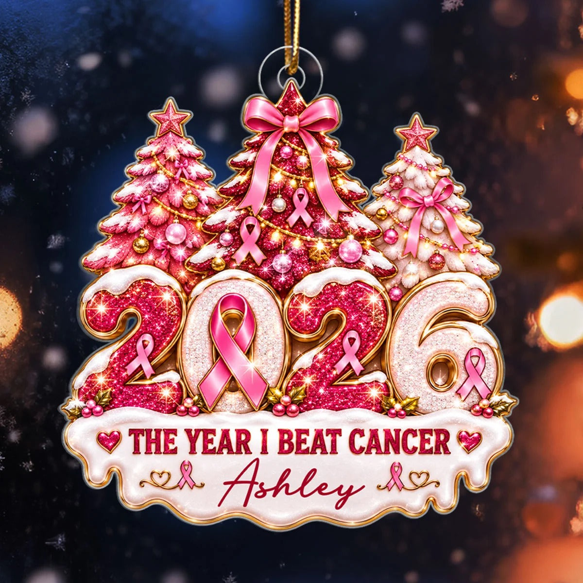 Custom 2026 Beat Cancer Acrylic Ornament, Christmas Ornaments, Cancer Survivor Gifts