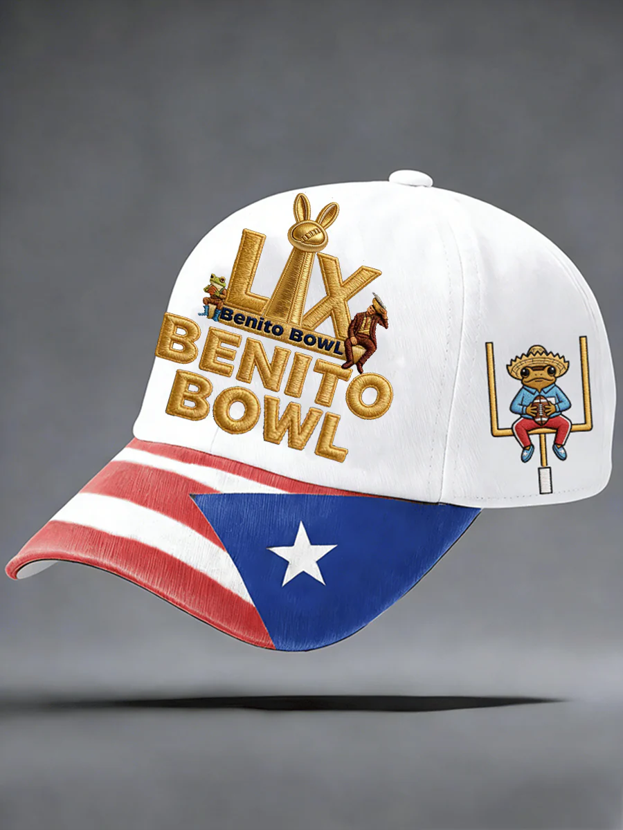 Benito Bowl LX Half Time Show White Hat, Puerto Rican & American Streetwear, Adjustable Cap