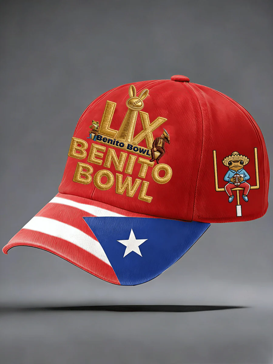Benito Bowl LX Half Time Show Red Hat, Puerto Rican & American Streetwear, Adjustable Cap