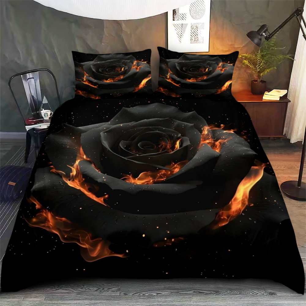 Roses On Fire Shadows on Fire Quilt Bed Set, Couple Bedding Set, Couple Valentine Gift