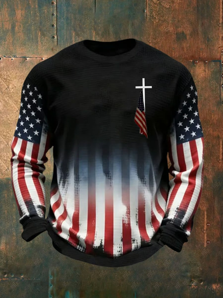 Christian Cross With American Flag Pattern 250th Anniversary Cool 4th Of July Black Long Sleeve Shirt