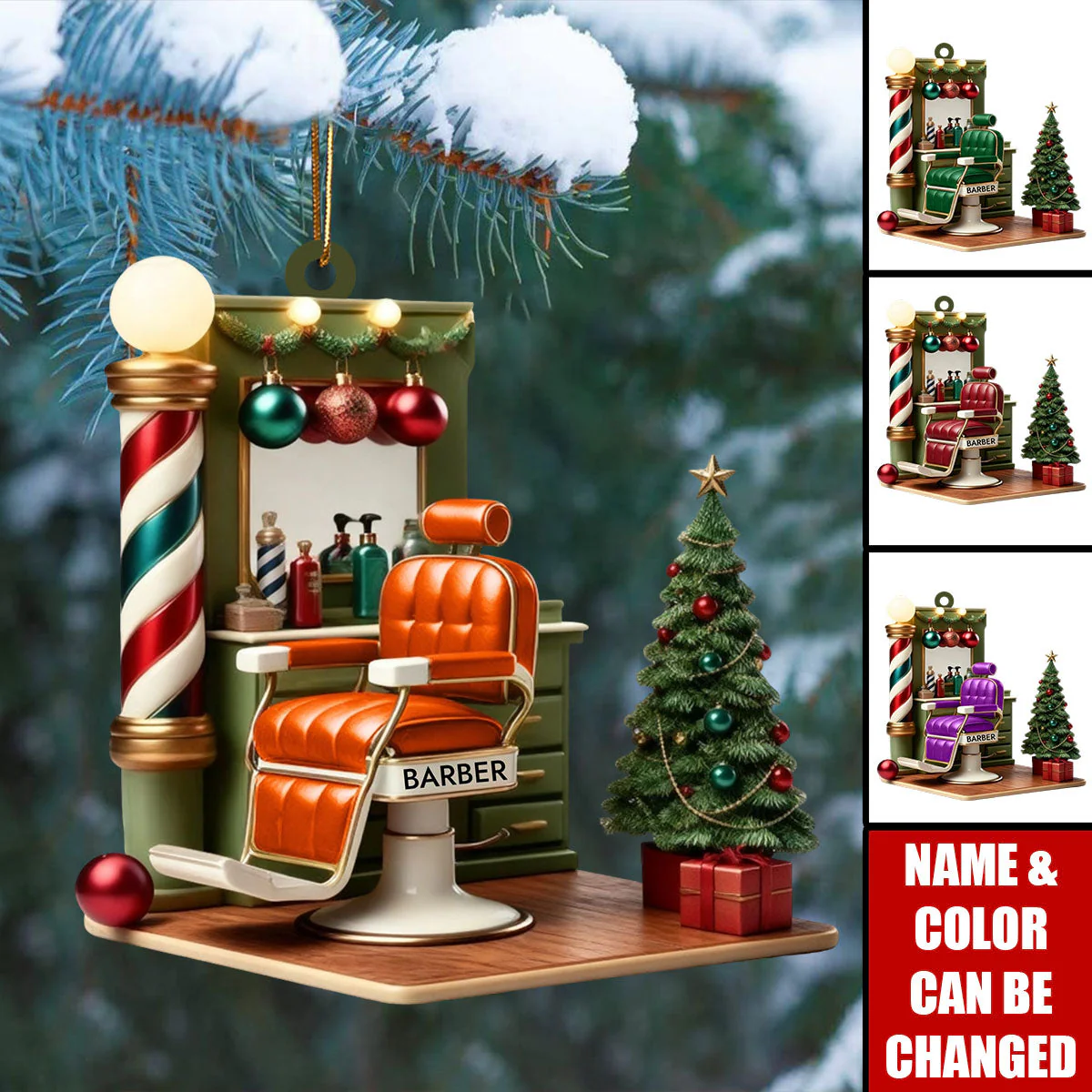 Custom Name Little Barber Shop Acrylic Ornament, Hairdresser Christmas Ornaments Holiday Decor