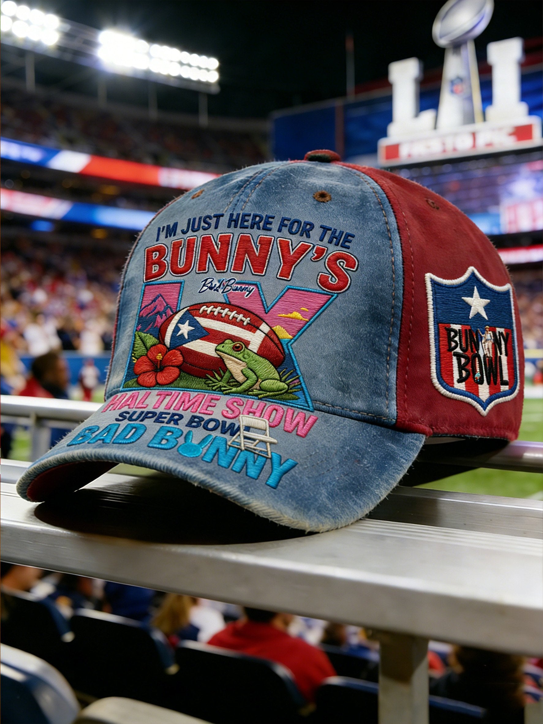 Funny Frog I'm Just Here For The Bunny's Half Time Show Printed Cap, Bad Bunny Game Day Mens Dad Cap