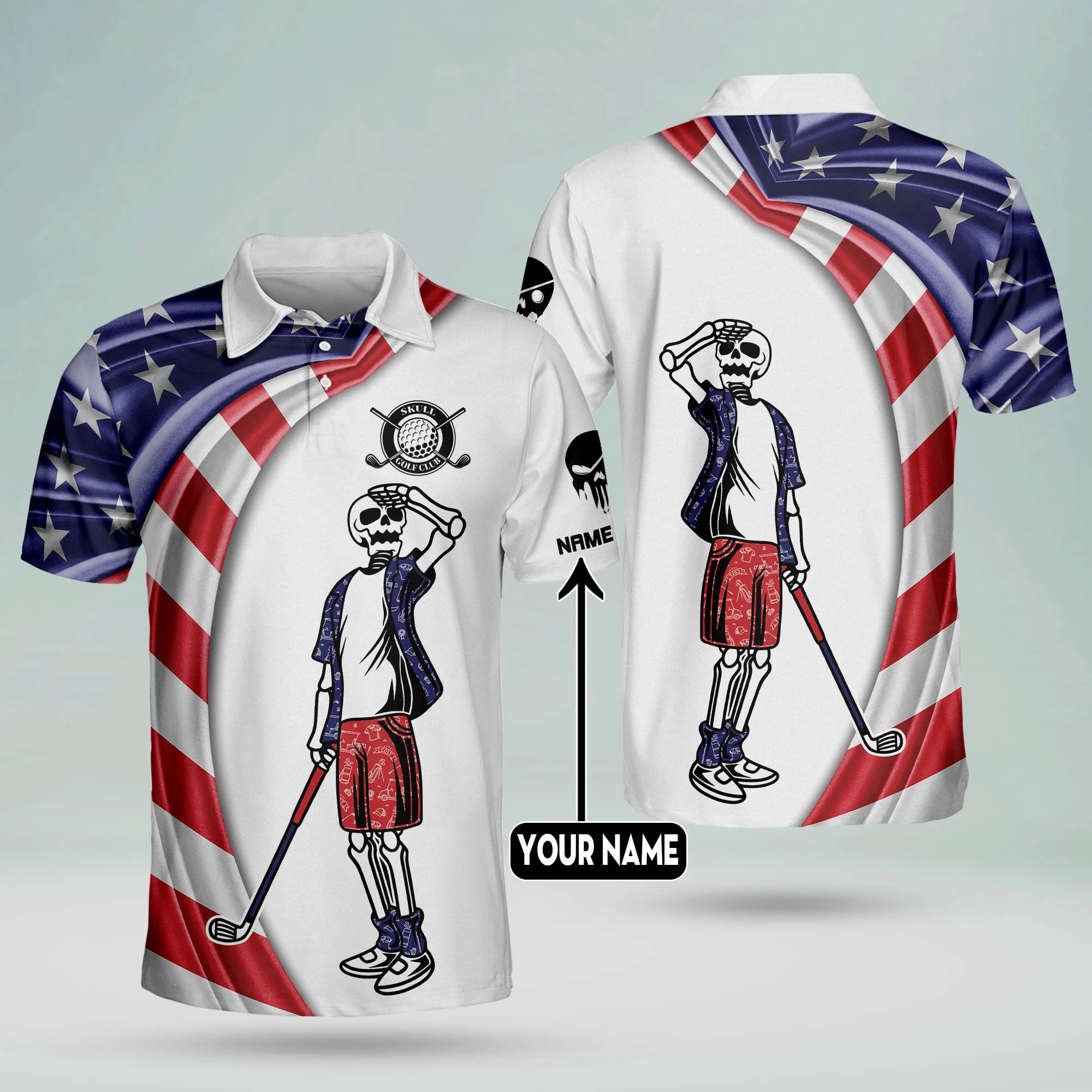 Custom Name Patriotic American Flag Skull Crazy Golf Polo Shirts, Golf Gift For Men, Golfing Apparel