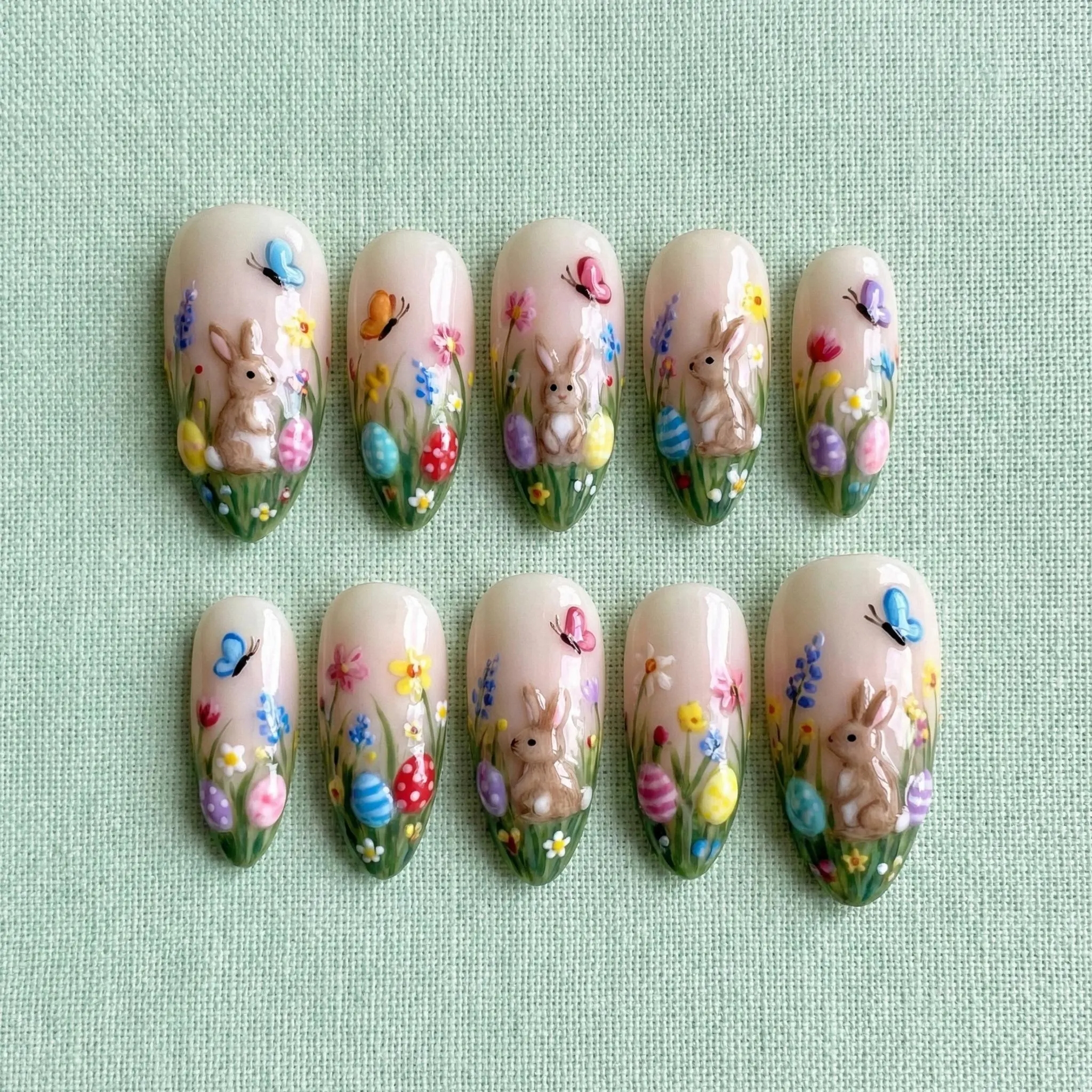 3D Easter Rabbit Press On Nails, Pastel Bunny Spring Nail Art Set, Spring Flower Easter Nails