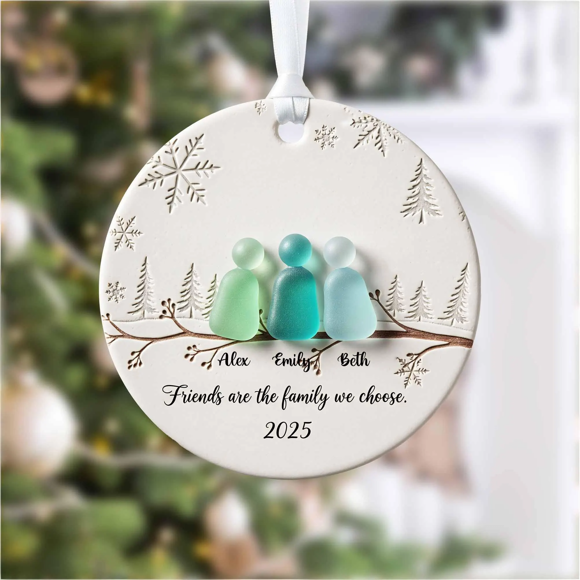 Friends Are The Family We Choose Acrylic On Ceramic Friendship Decor Xmas Ornament, Sea Glass Ceramic Ornament