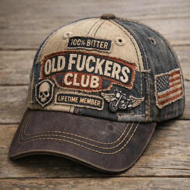 Old Fckers Club 100% Bitter Vintage Biker Baseball Cap, Lifetime Member Printed Dad Hat, Funny Gift for Men