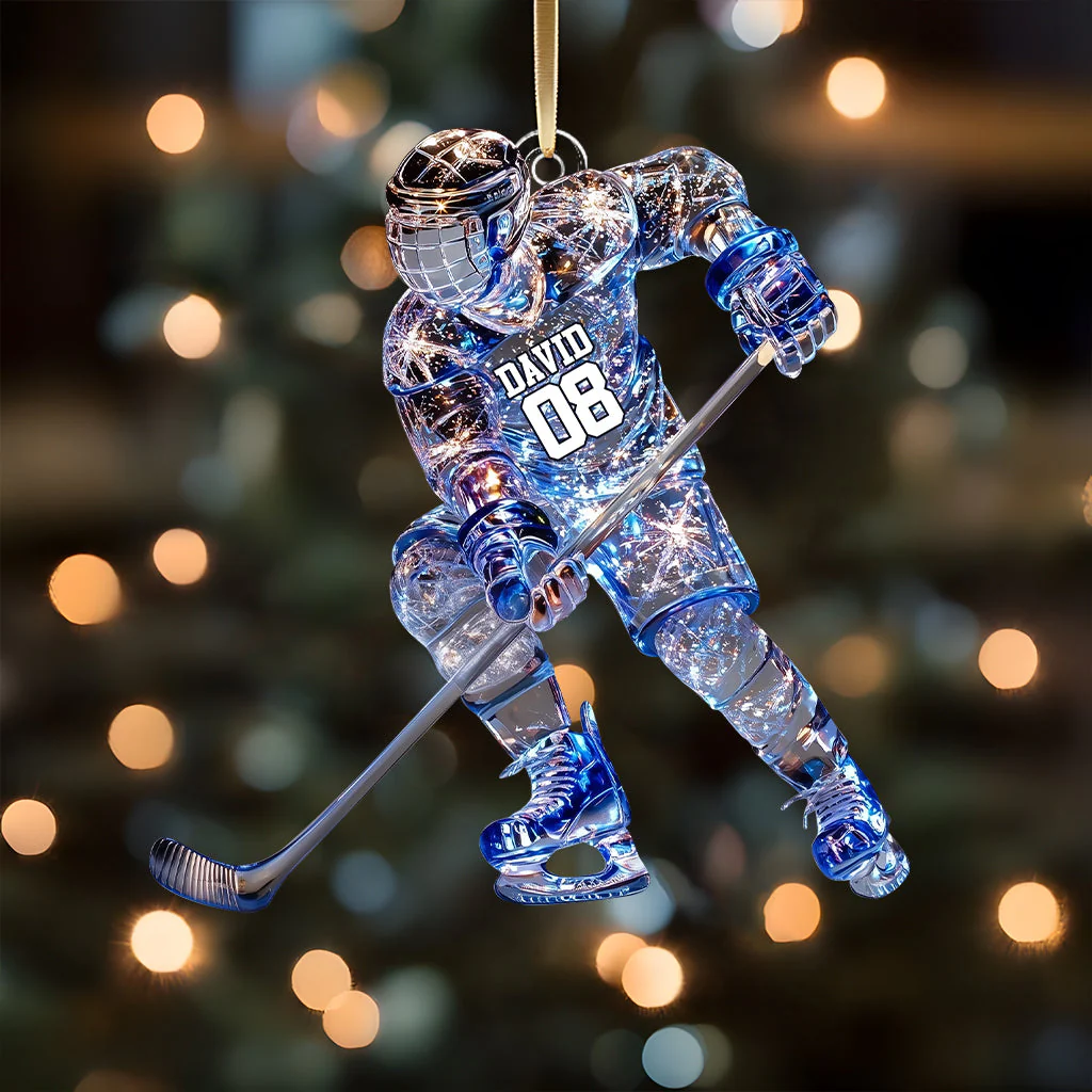 Ice Hockey Player Crystal Effect Acrylic Ornament, Custom Name Sport Theme Christmas Unique Gift