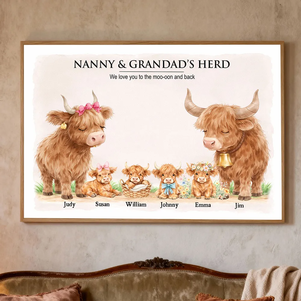Nanny & Grandad's Herd Highland Cow Family Poster Wall Art, Mother's Day Gift for Grandma