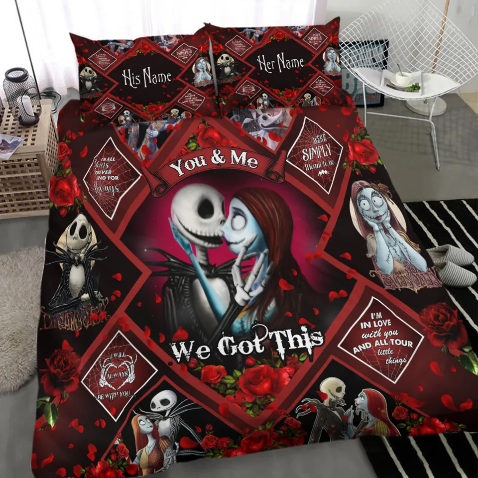 Jack and Sally We Got This Red Rose Quilt Bed Sets, Couple Bedding Set, Valentine Bedding, Couple Valentine Gift