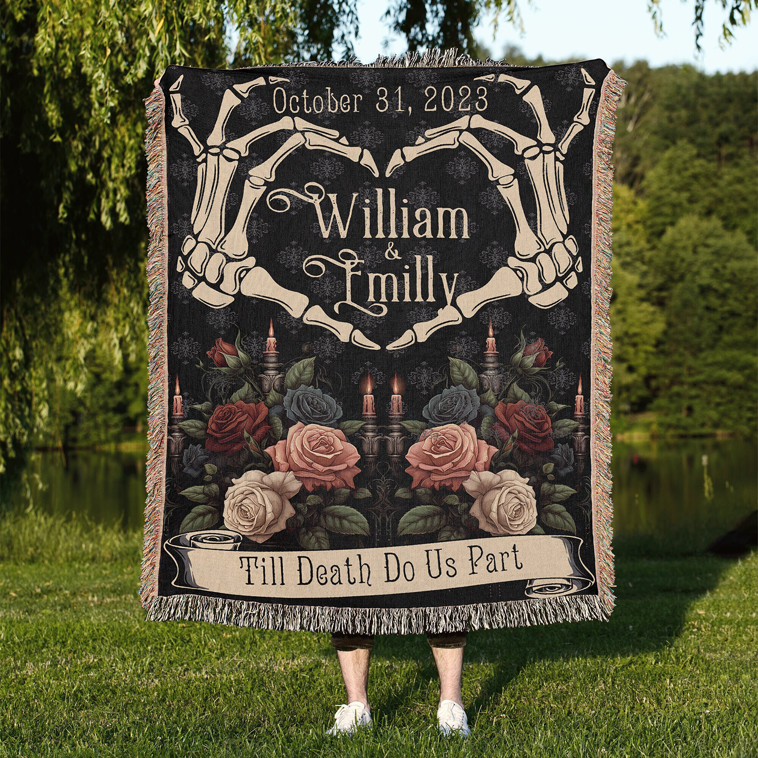 Till Death Do Us Part Custom Gothic Couple Skeleton Throw Blanket, Wedding Aniversary Gift