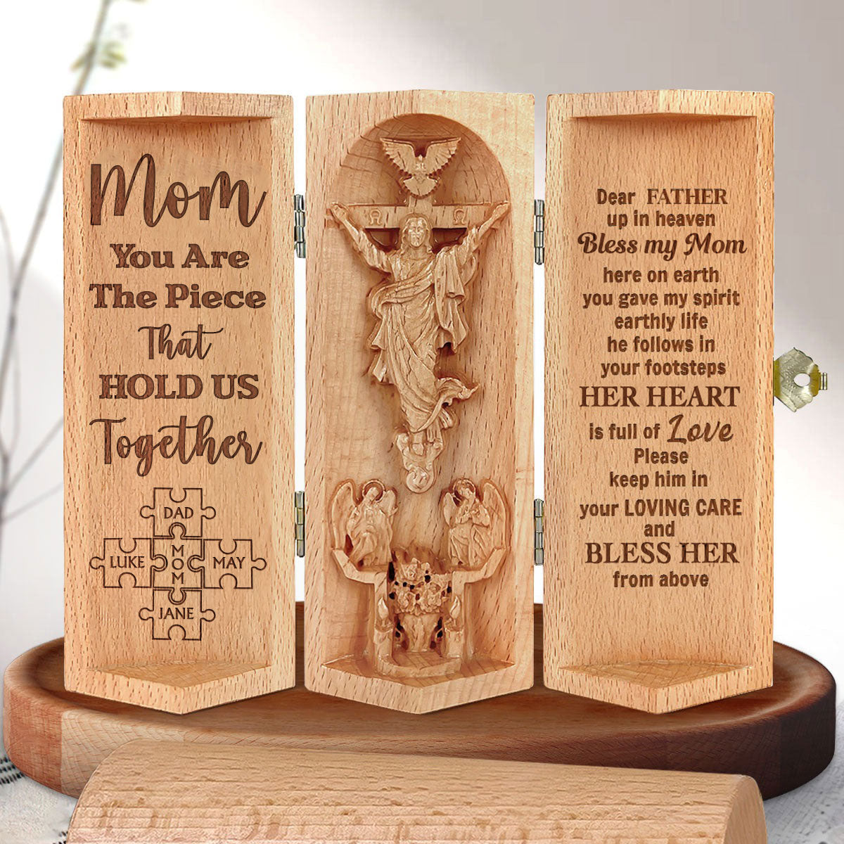 You Are The Piece That Hold Us Together Openable Wooden Cylinder Sculpture of Jesus Christ, Mothers Day Gift, Gift For Mom