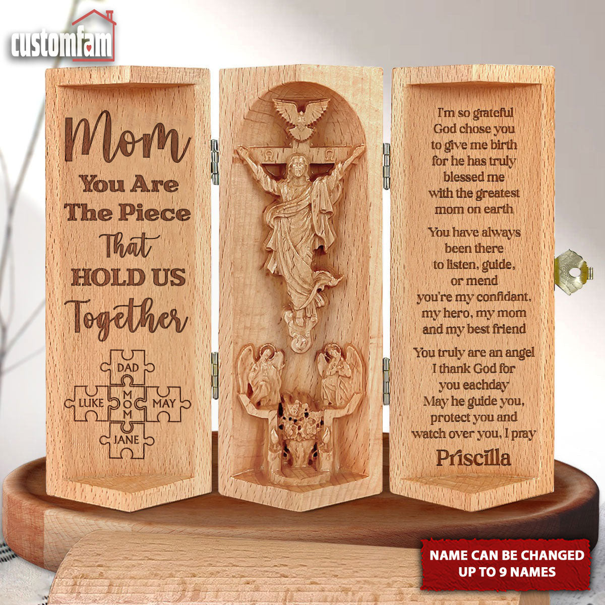 Mom You Are The Piece That Hold Us Together Openable Wooden Cylinder Sculpture Of Jesus Christ, Mother's Day Gift, Christian Mothers Day Gifts