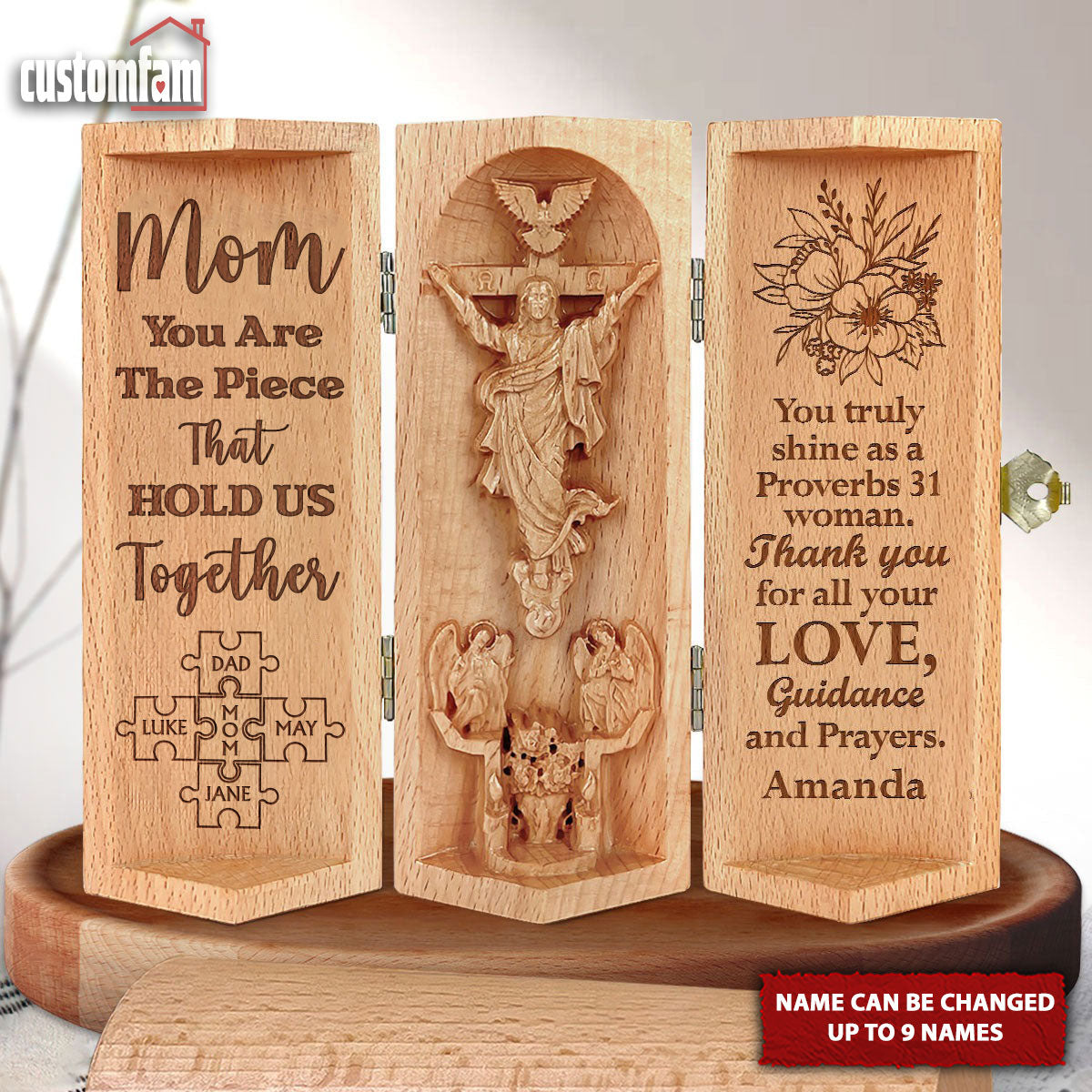 You Are The Piece That Hold Us Together Openable Wooden Cylinder Sculpture Of Jesus Christ, Mother's Day Gift, Christian Gifts For Women