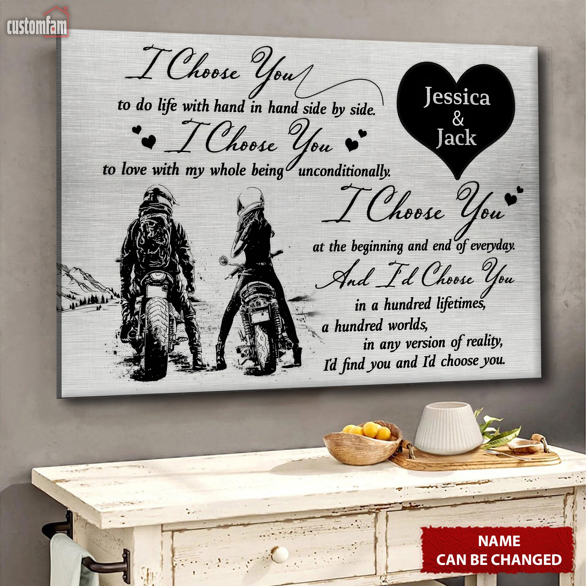 I Choose You Custom Couple Canvas Wall Art, Valentine Couple Gift, Gift for a Biker