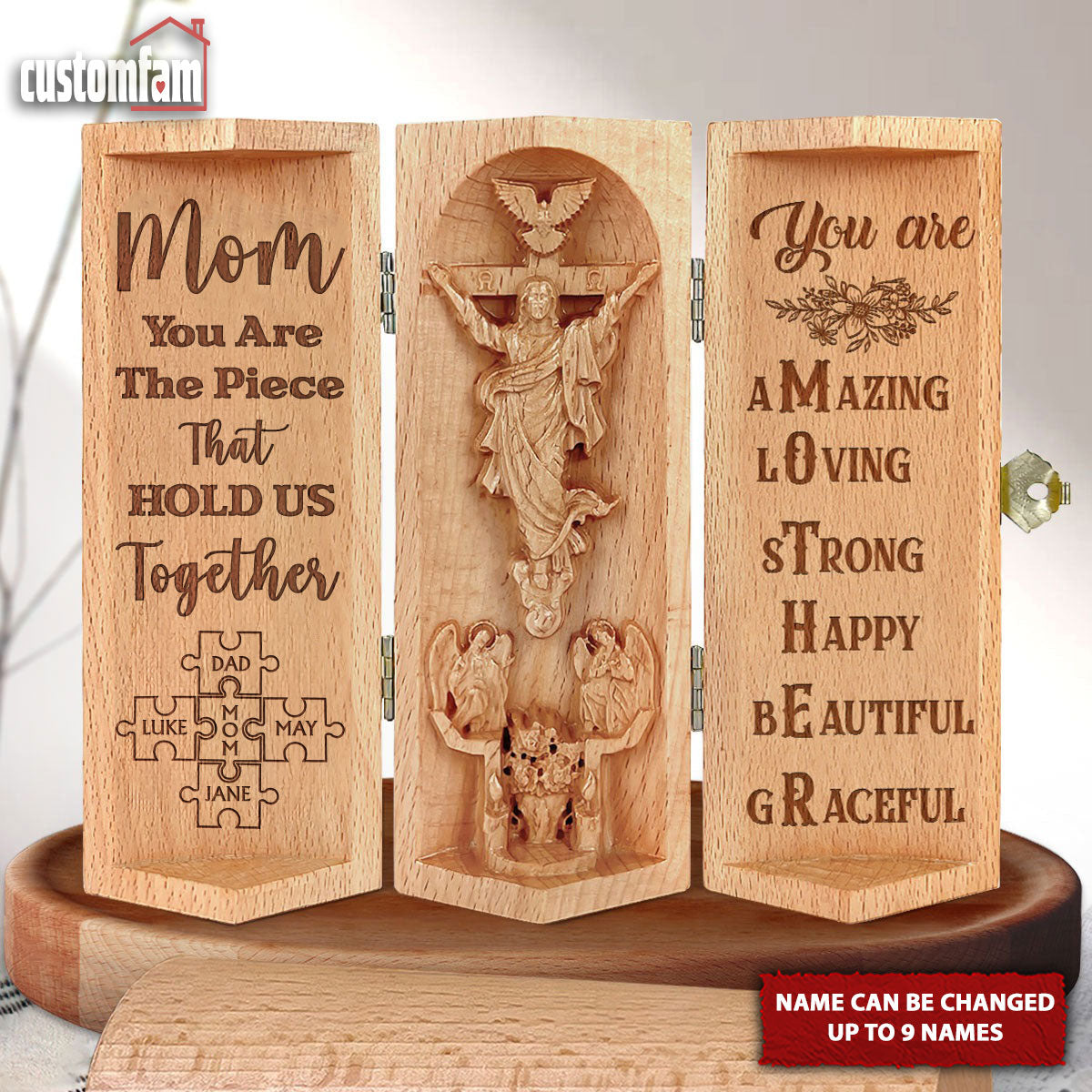 You Are The Piece That Hold Us Together Openable Wooden Cylinder Sculpture Of Jesus Christ, Mother's Day Gift, Gift For Mom