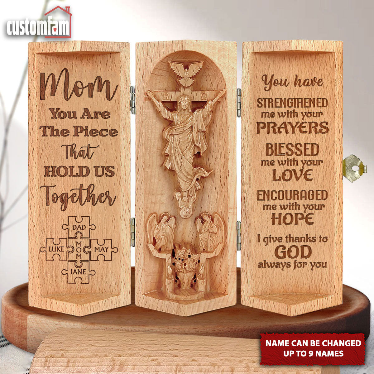 You Are The Piece That Hold Us Together Openable Wooden Cylinder Sculpture Of Jesus Christ, Mother's Day Gift, Christian Gifts For Mom