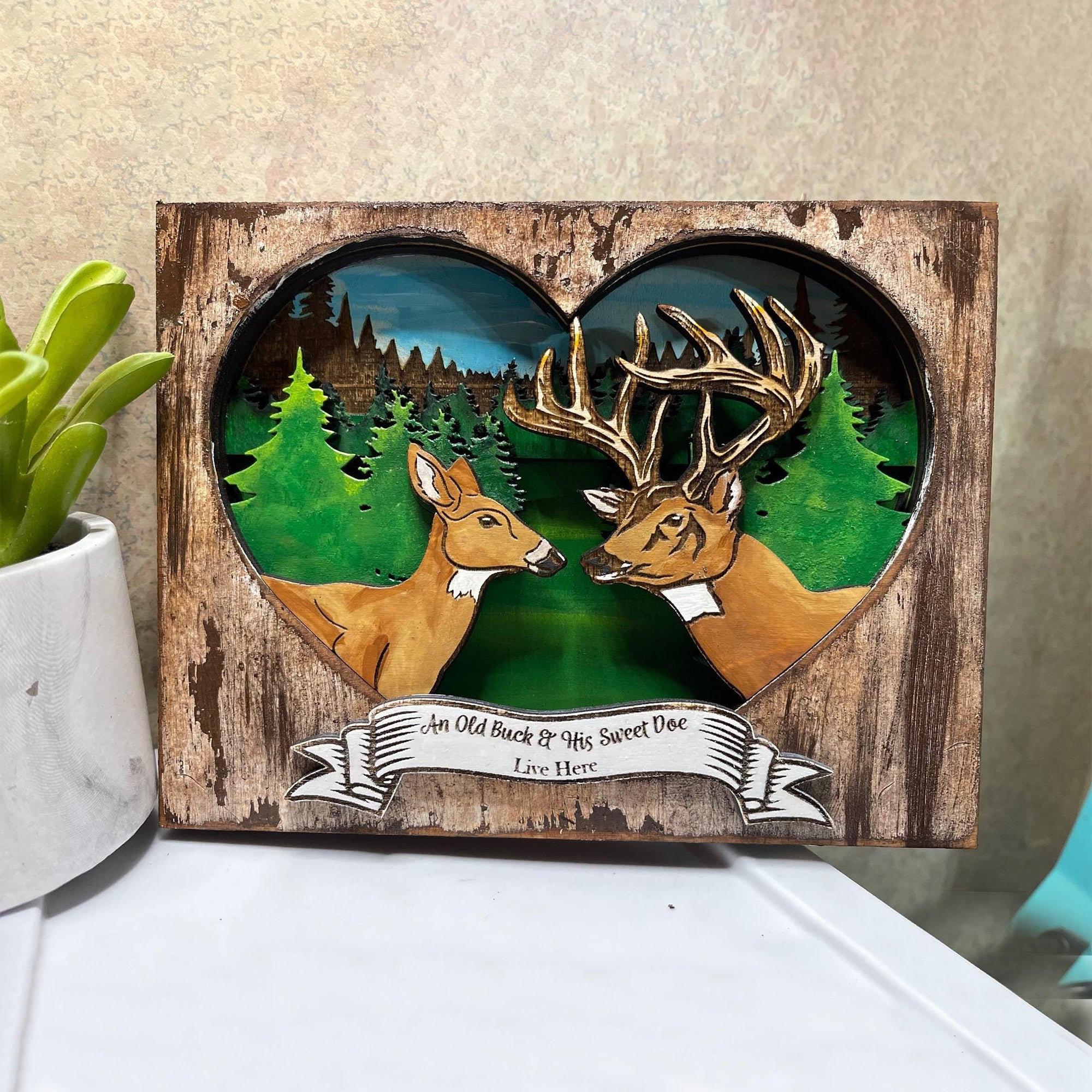 An Old Deer and His Sweet Doe Live Here Personalized Wood Sign,Valentine Gift For Couple