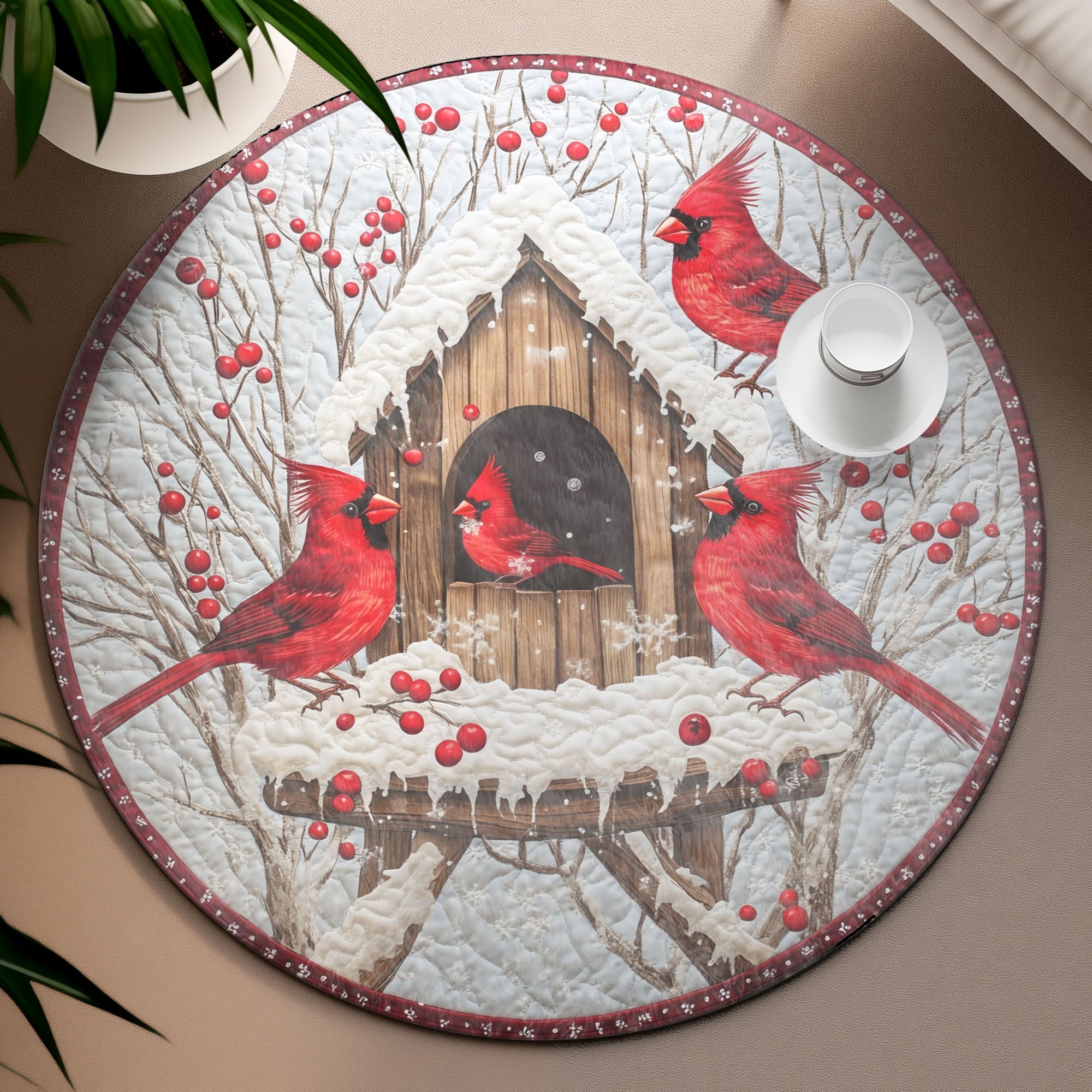 Winter Gathering Round Mat, Living Room Decor, Unique Christmas Home Decor