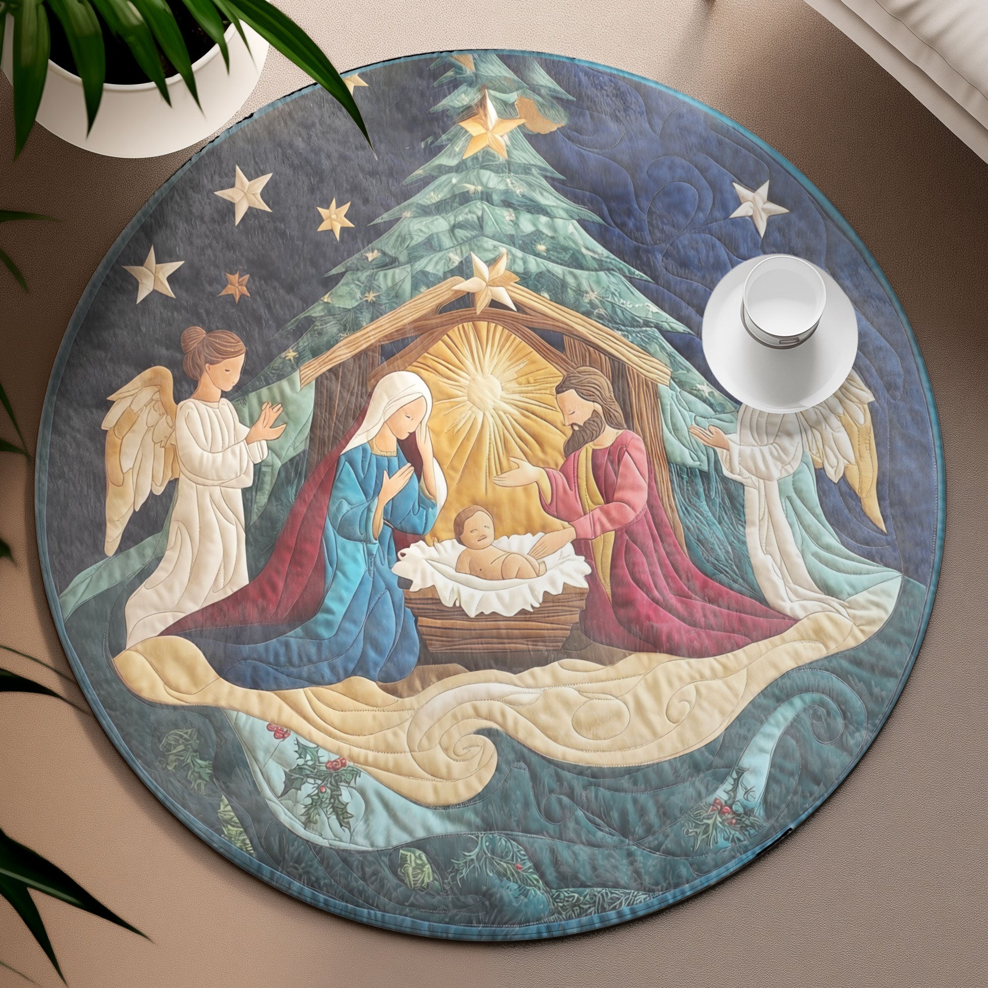 Holy Night Round Mat, Living Room Decor, Christmas Rug