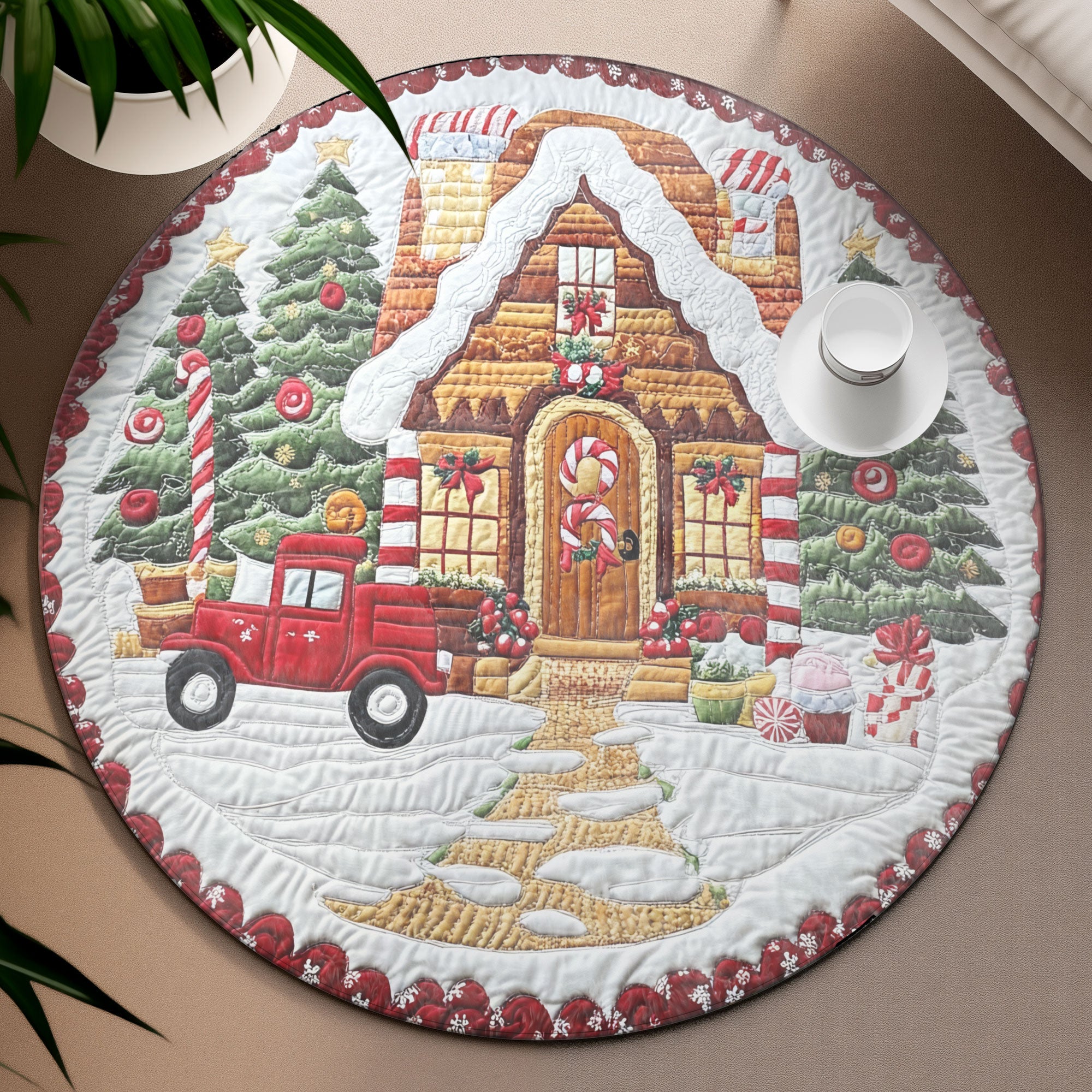 Holiday Hearth Quilted Round Mat, Living Room Decor, Unique Christmas Home Decor