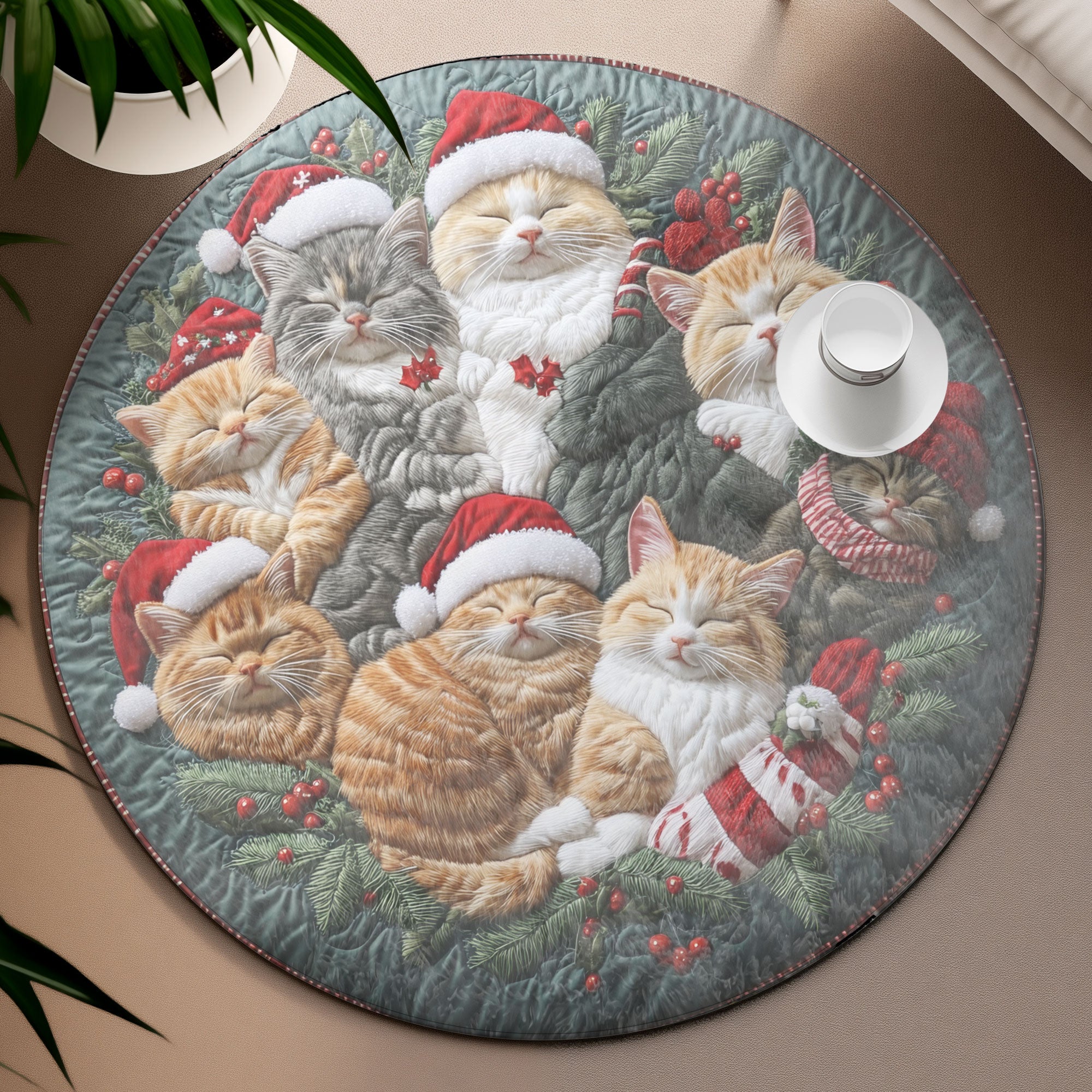 Christmas Cozy Catnap Round Mat, Living Room Decor, Christmas Home Decor