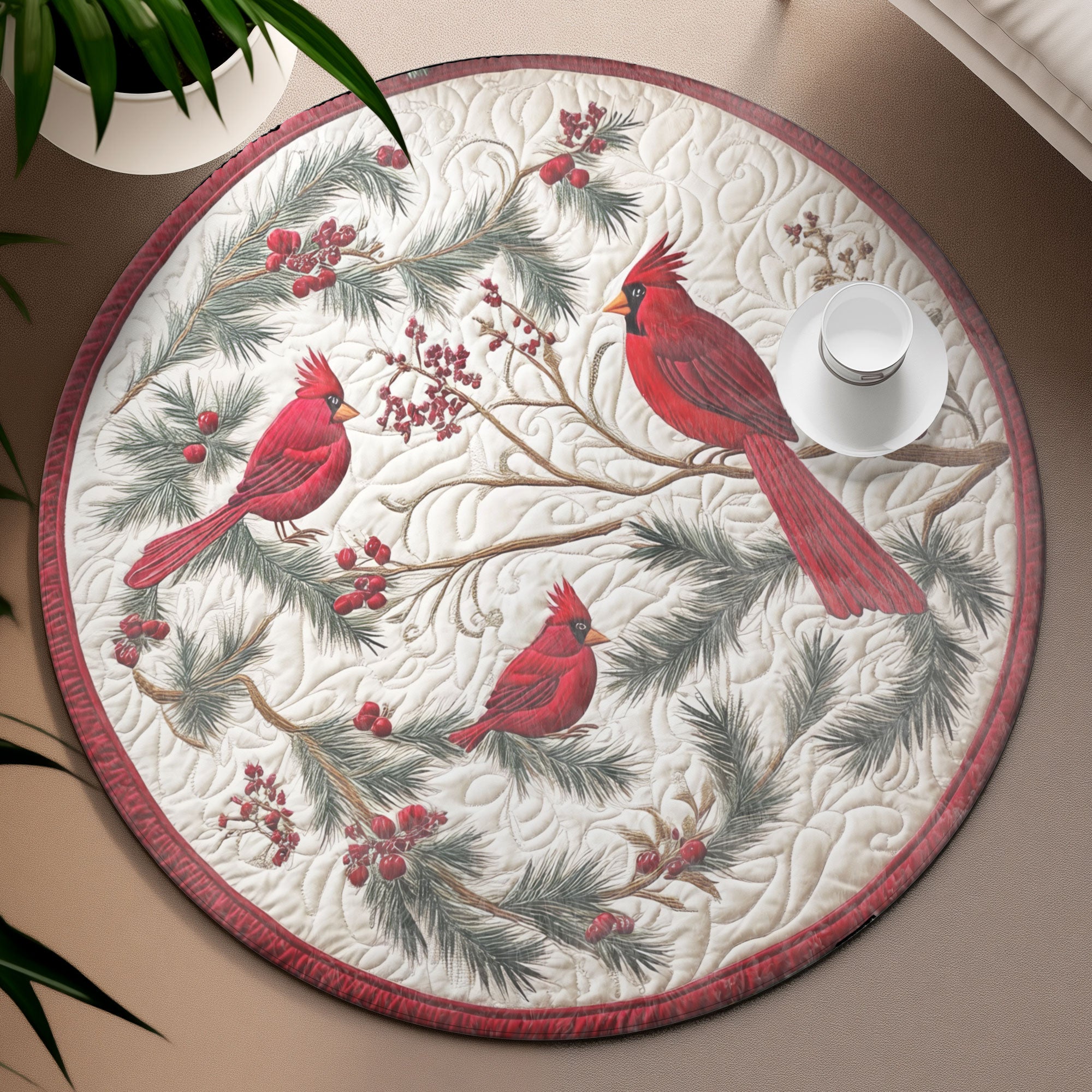 Cardinal Nest Round Mat, Living Room Decor, Unique Christmas Home Decor