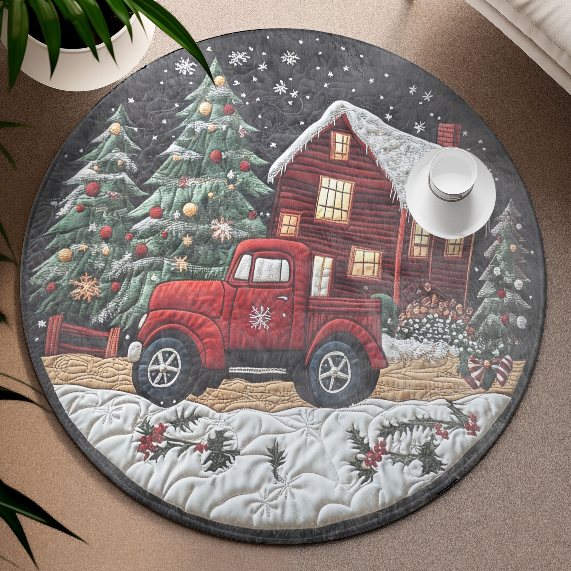 Red Truck Yuletide Quilted Round Mat, Living Room Decor, Unique Christmas Home Decor